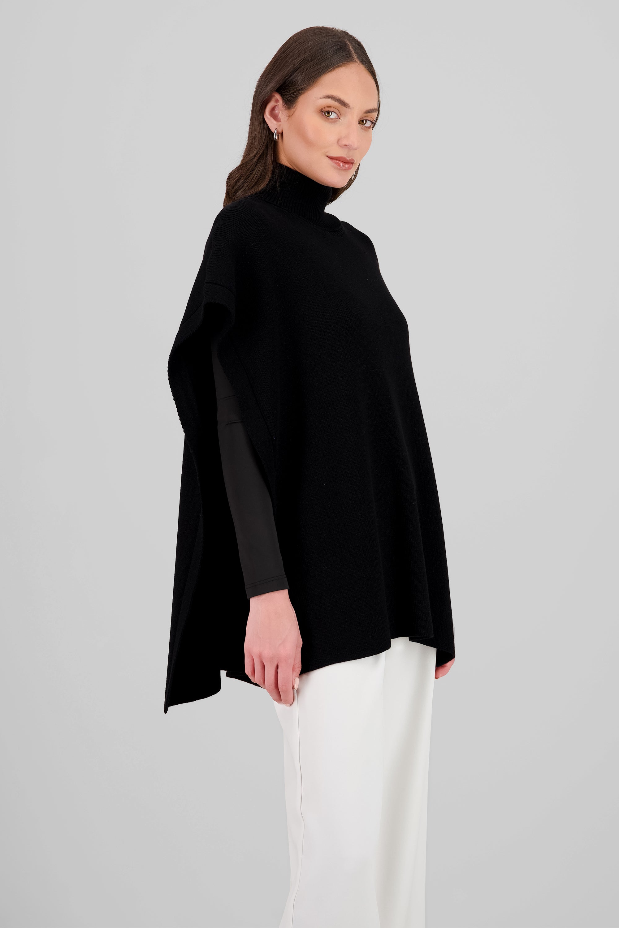 High Neck Sleeveless Poncho BLACK