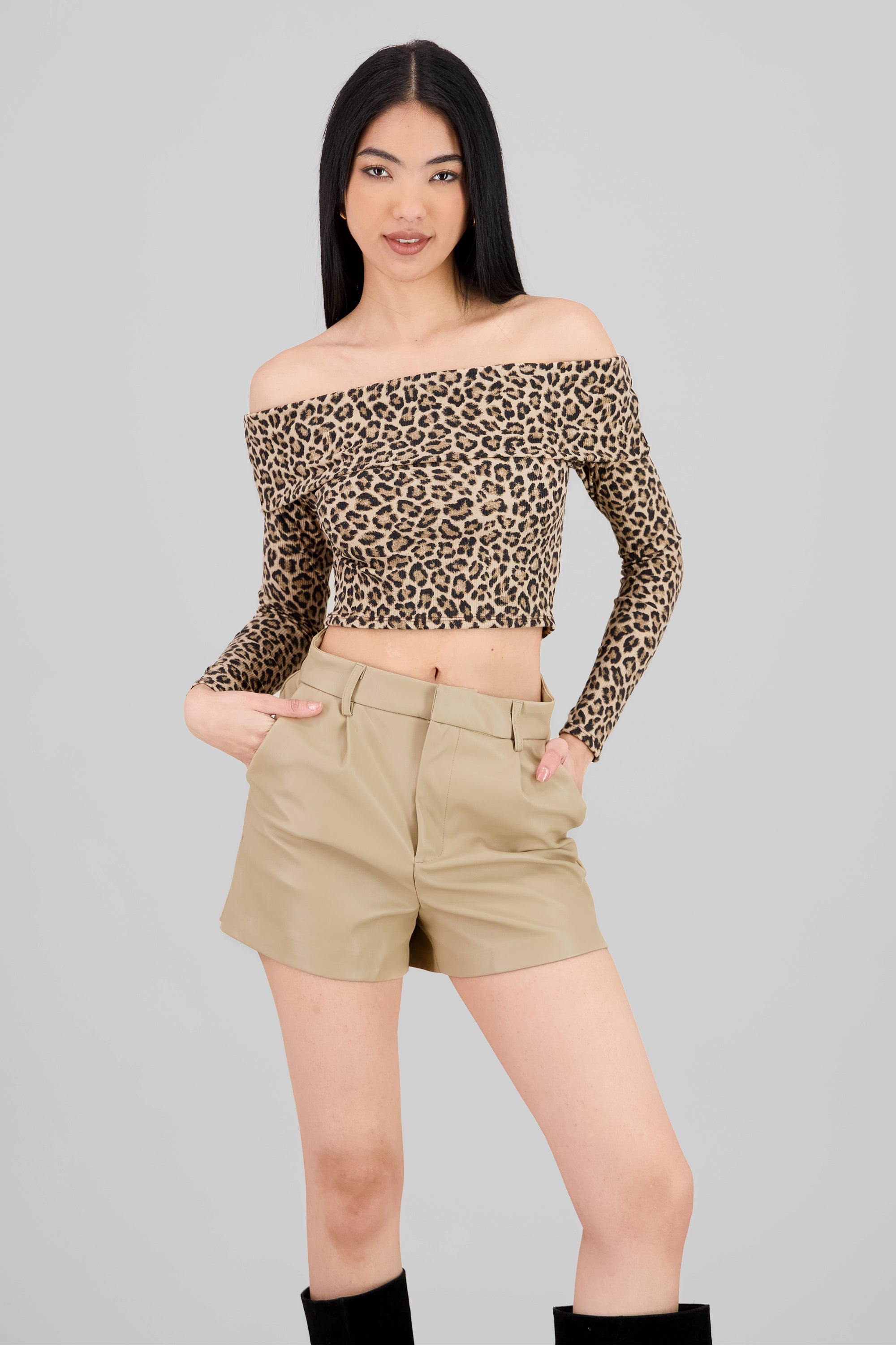 Long Sleeve Off Shoulder Leopard Top BROWN COMBO