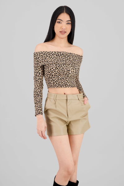 Long Sleeve Off Shoulder Leopard Top BROWN COMBO