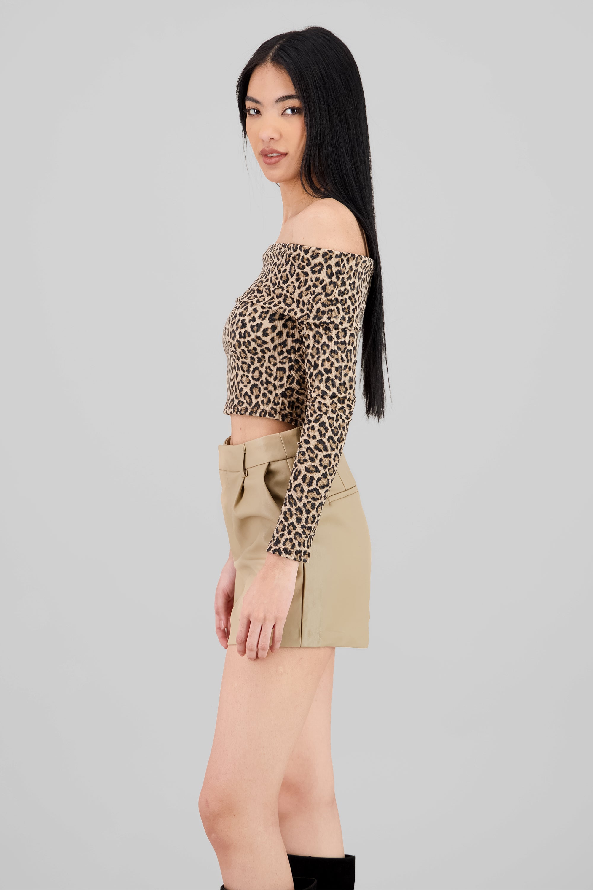 Long Sleeve Off Shoulder Leopard Top BROWN COMBO