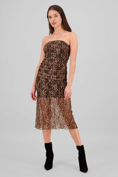 Animal Print Midi Mesh Dress BROWN COMBO