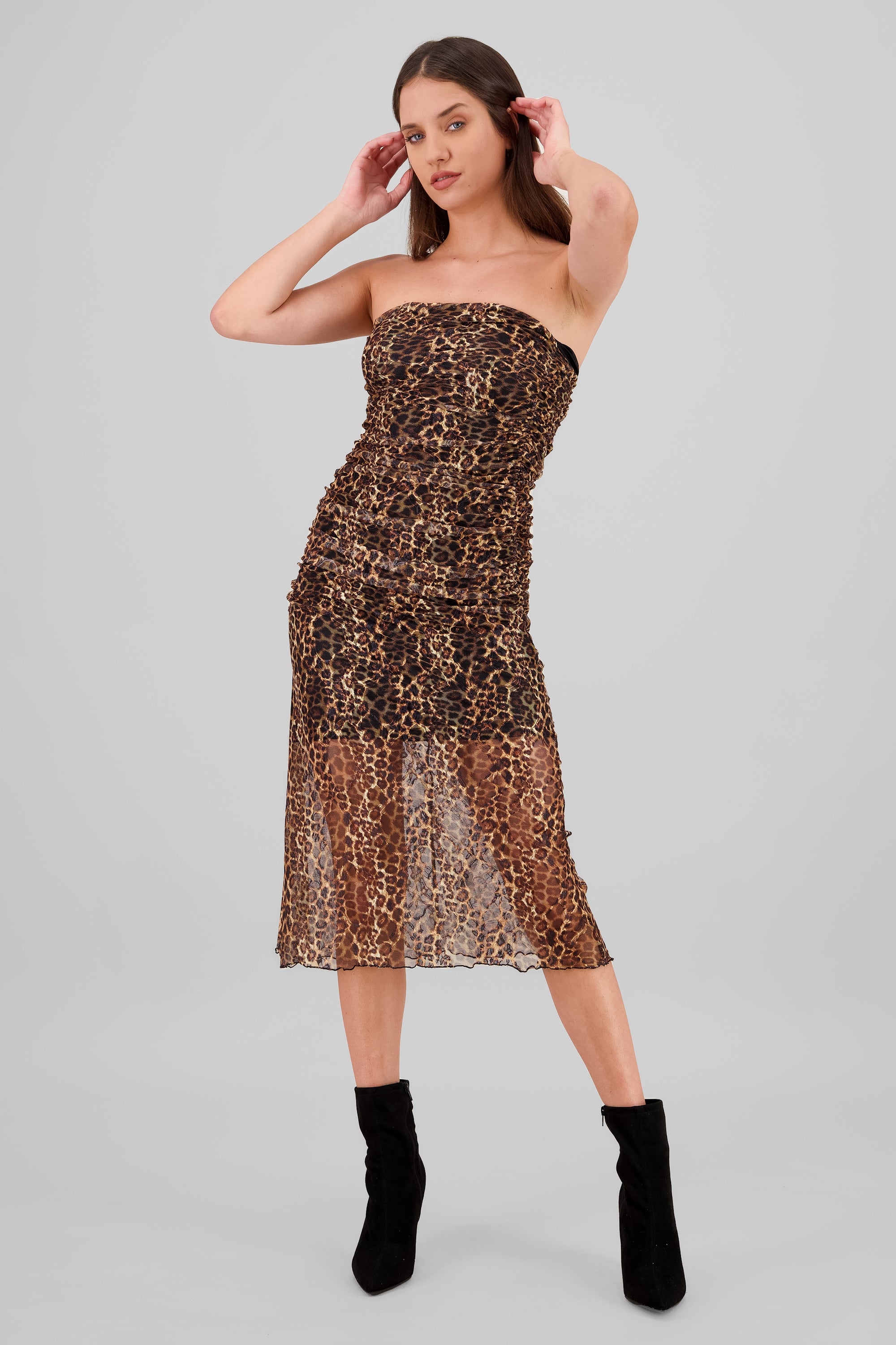 Animal Print Midi Mesh Dress BROWN COMBO