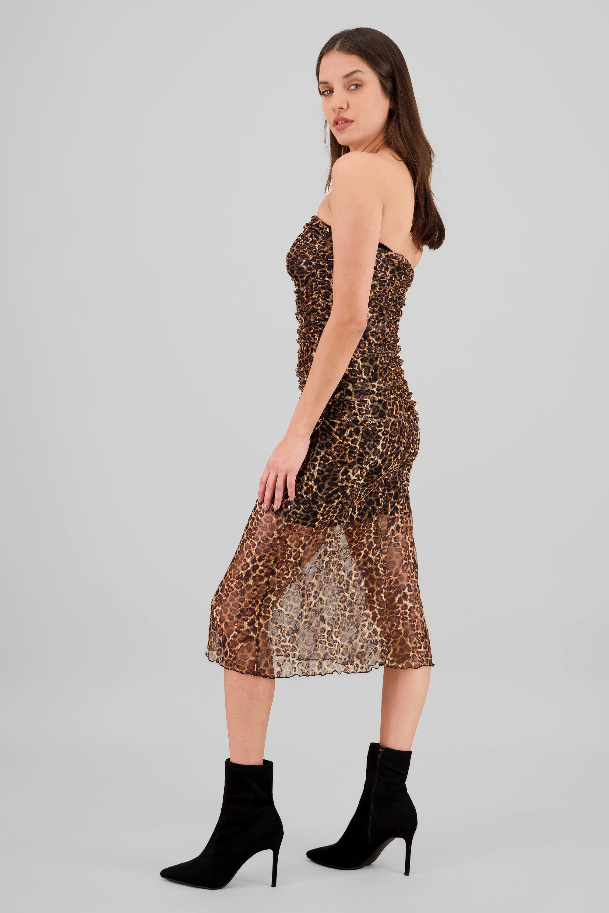 Animal Print Midi Mesh Dress BROWN COMBO