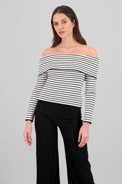 Textured Off Shoulder Long Sleeve Top WHITE COMBO