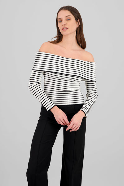 Textured Off Shoulder Long Sleeve Top WHITE COMBO