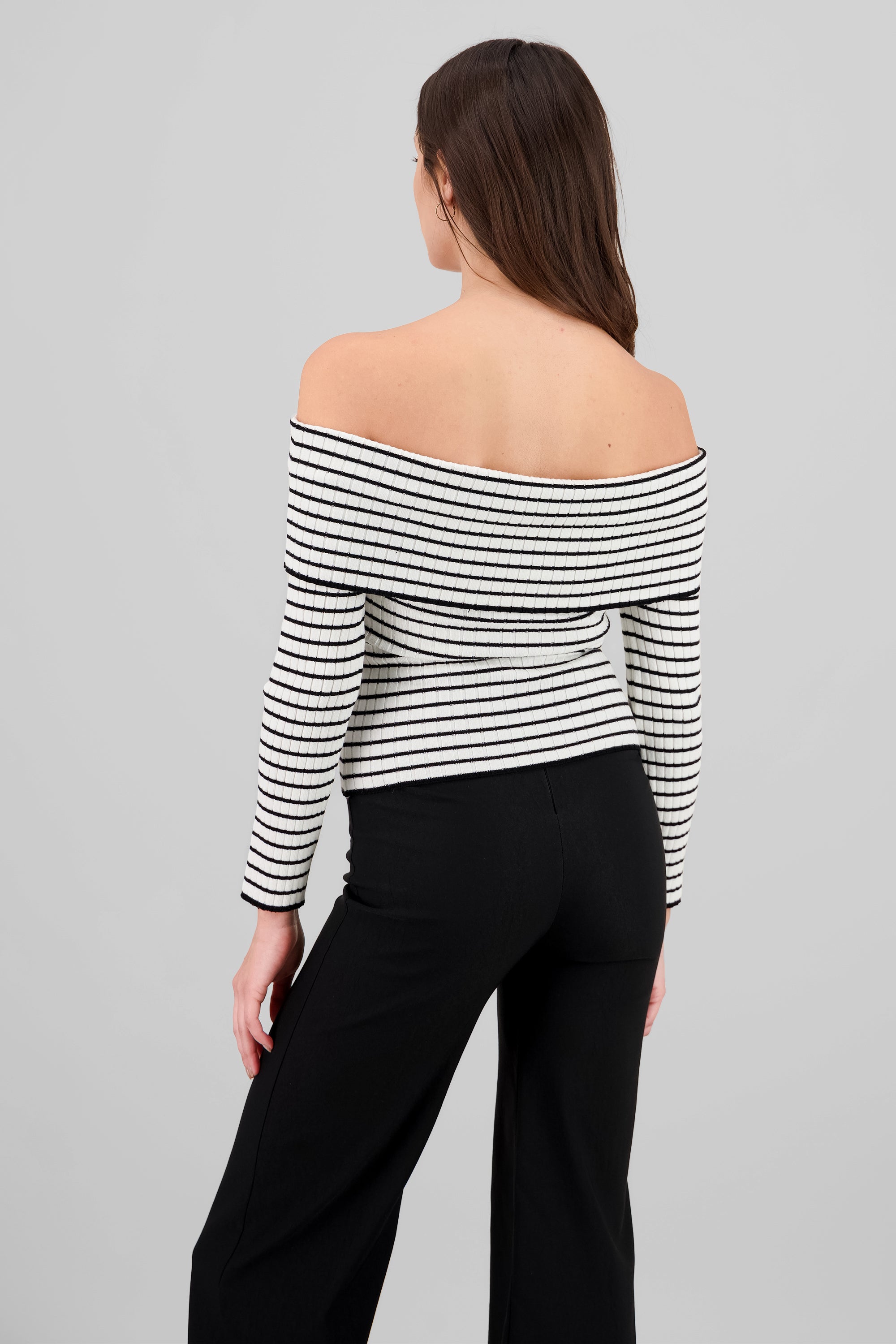 Textured Off Shoulder Long Sleeve Top WHITE COMBO