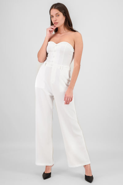 Strapless Jumpsuit with Buttons WHITE