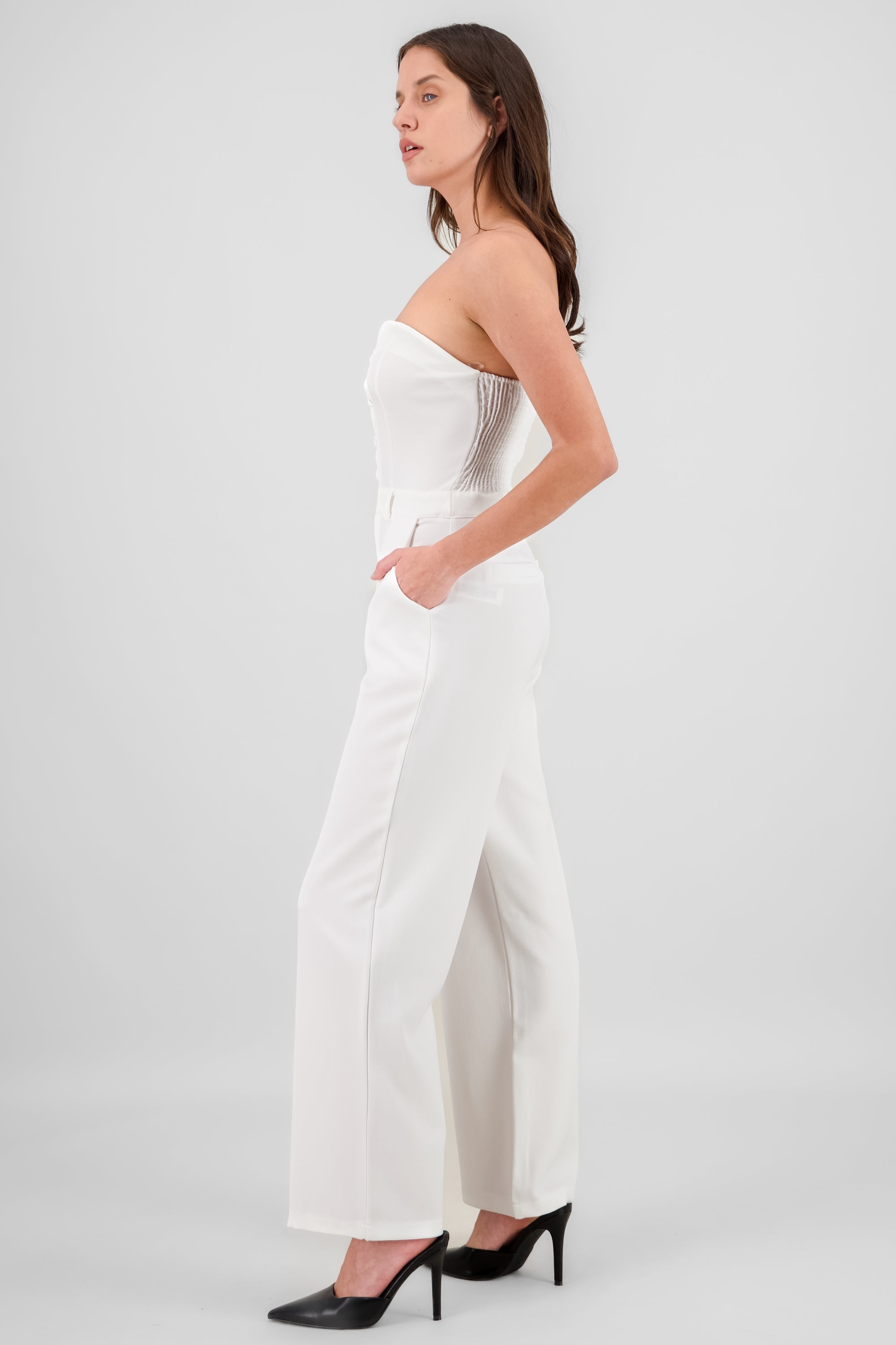 Strapless Jumpsuit with Buttons WHITE