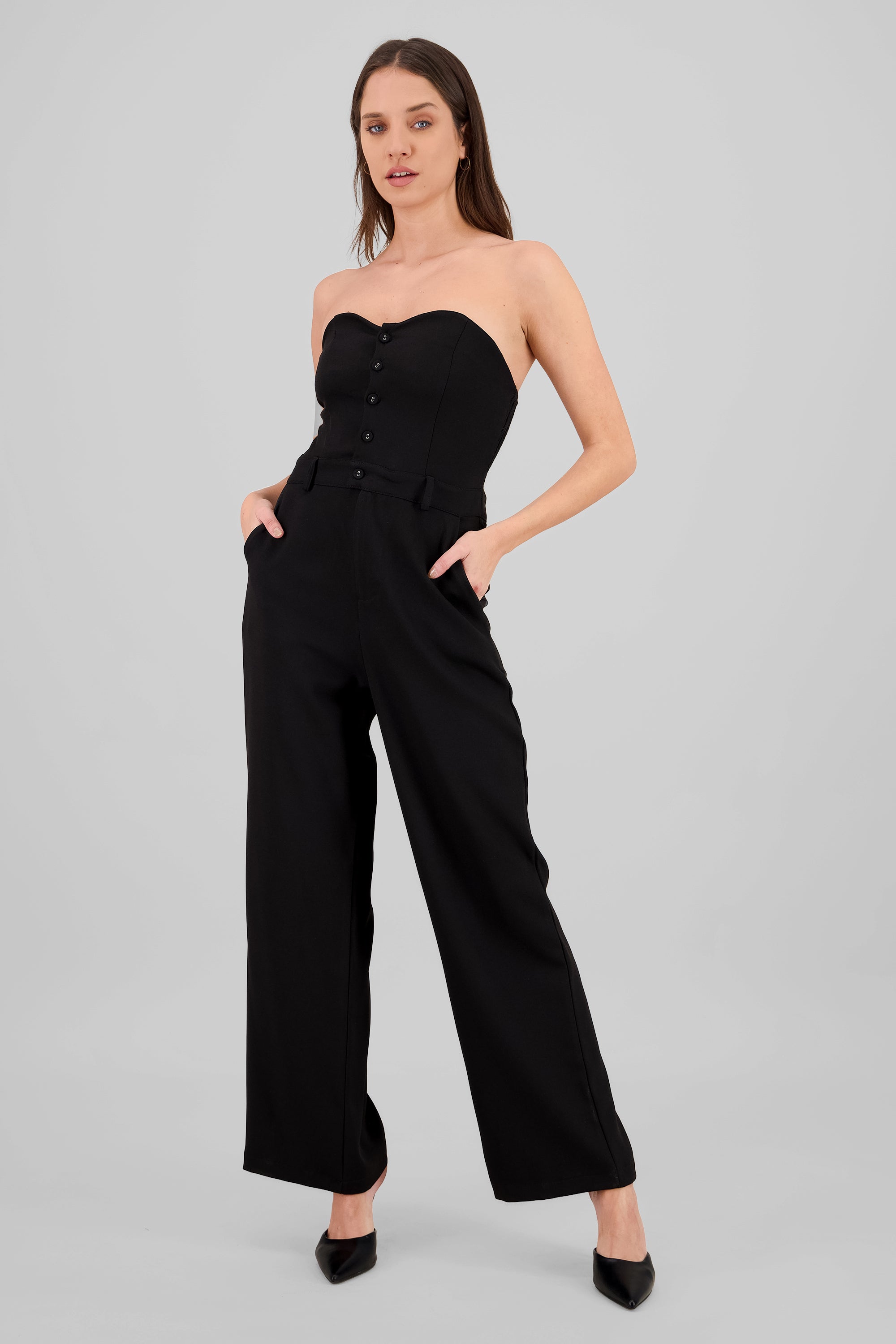 Strapless Jumpsuit with Buttons BLACK