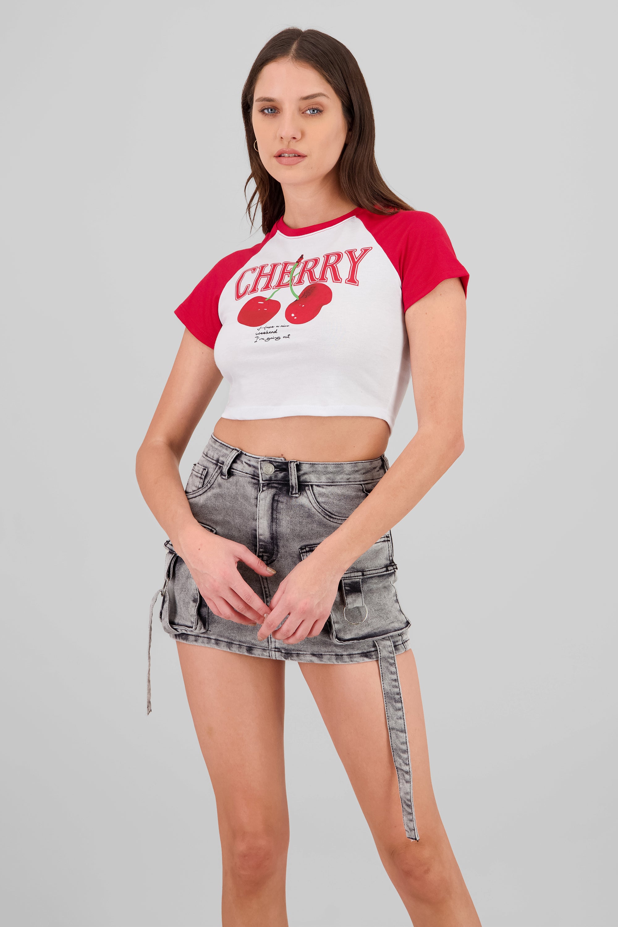 Contrast Sleeves Cherry Crop Top RED COMBO