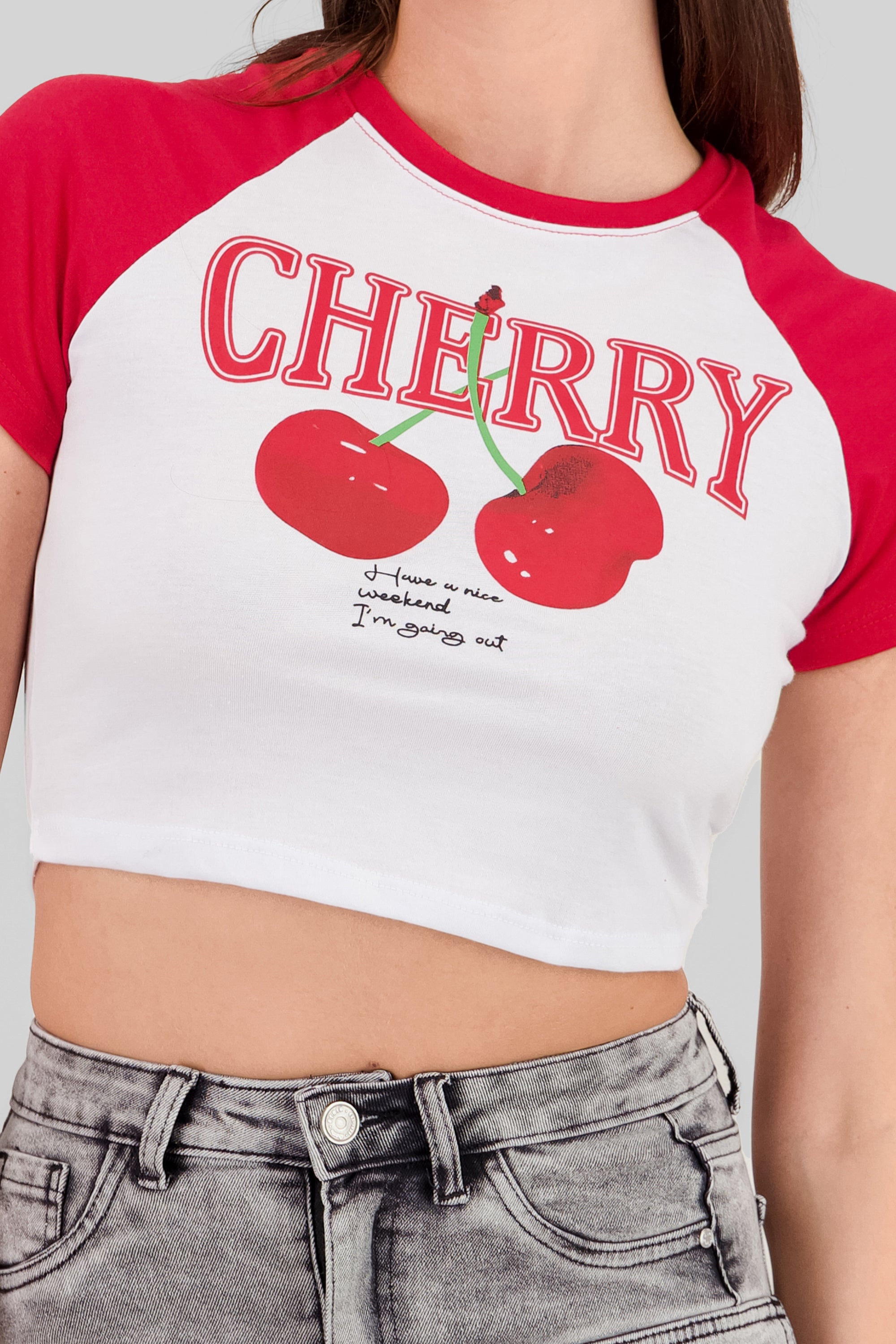 Contrast Sleeves Cherry Crop Top RED COMBO