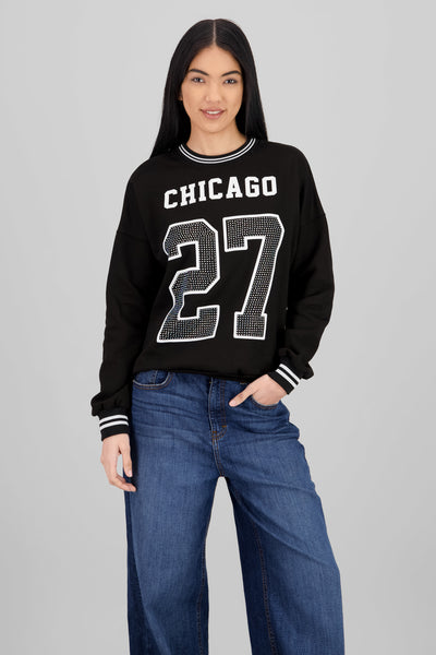 Glitter Number Print Sports Sweatshirt BLACK