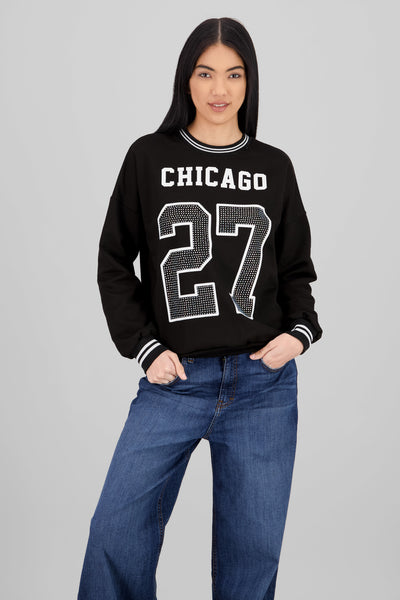 Glitter Number Print Sports Sweatshirt BLACK