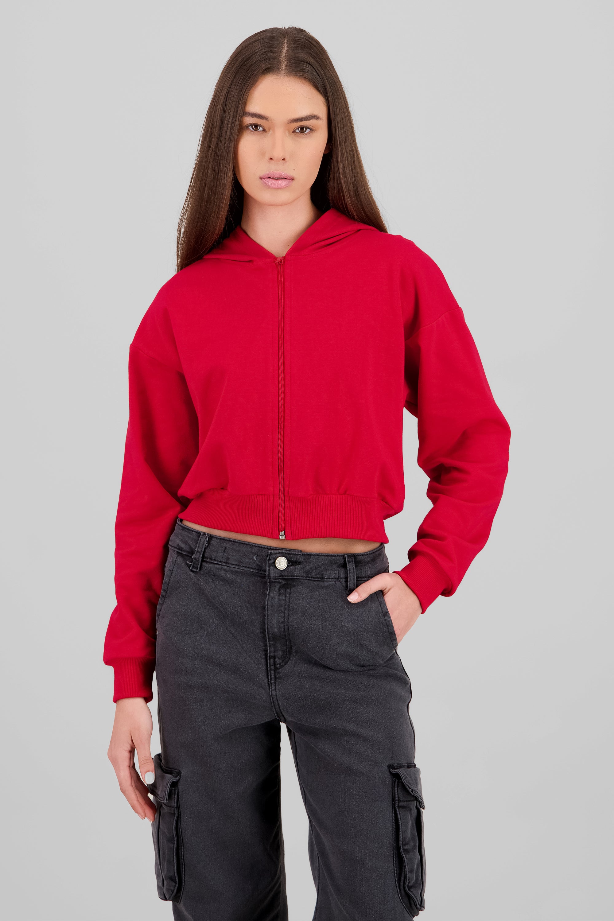 Cropped Zip-Up Sweatshirt with Back Print RED