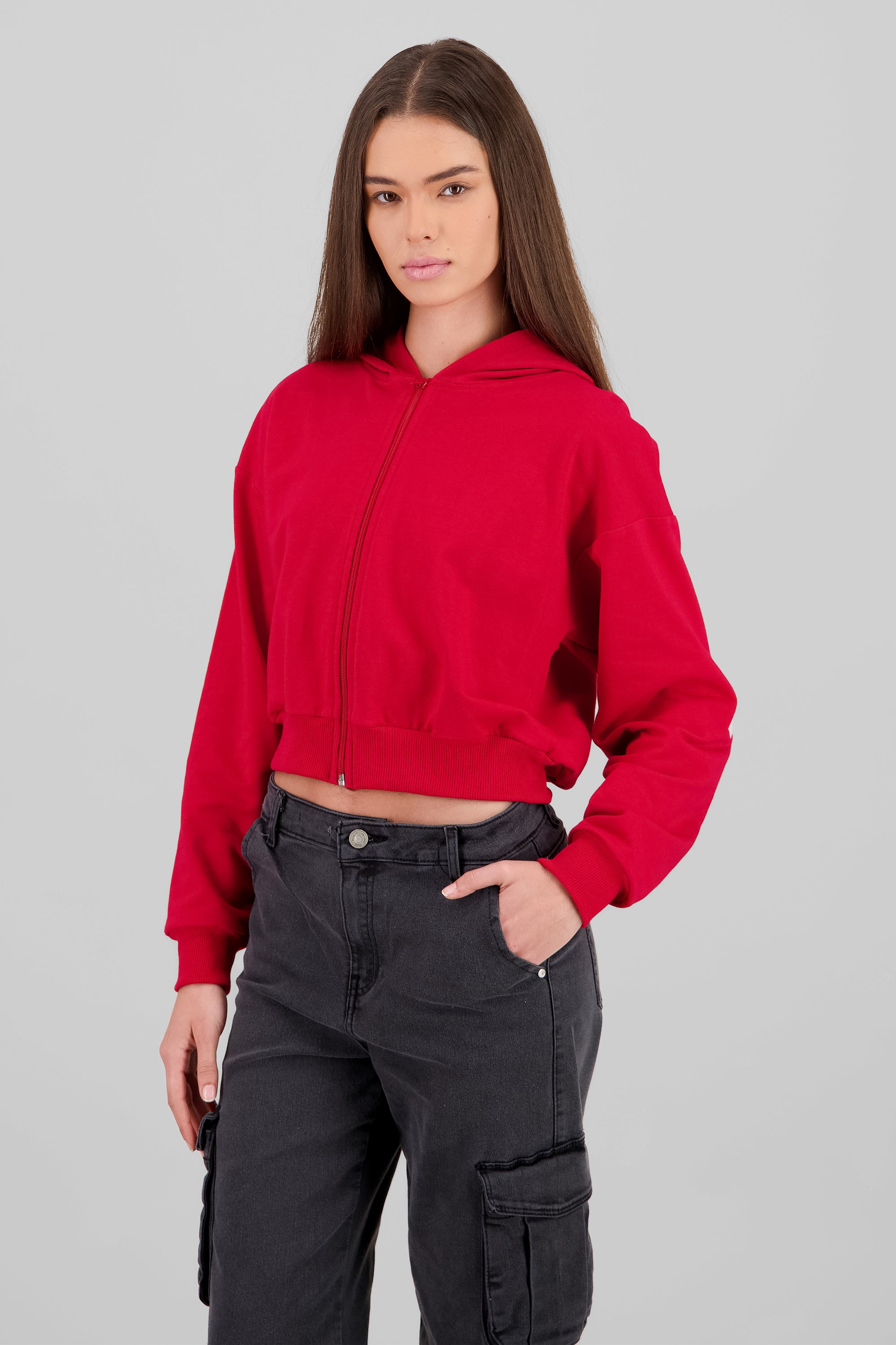 Cropped Zip-Up Sweatshirt with Back Print RED