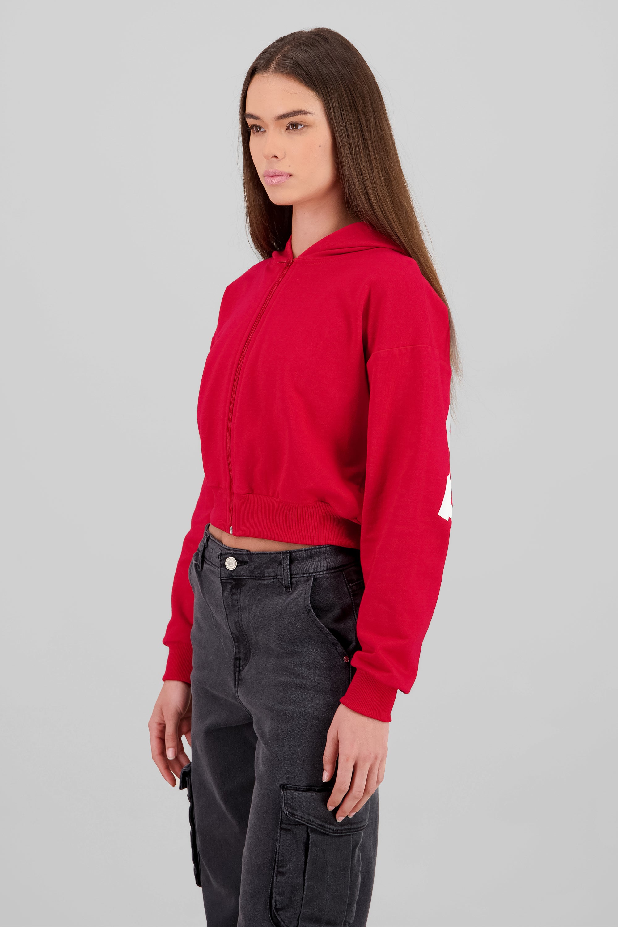 Cropped Zip-Up Sweatshirt with Back Print RED