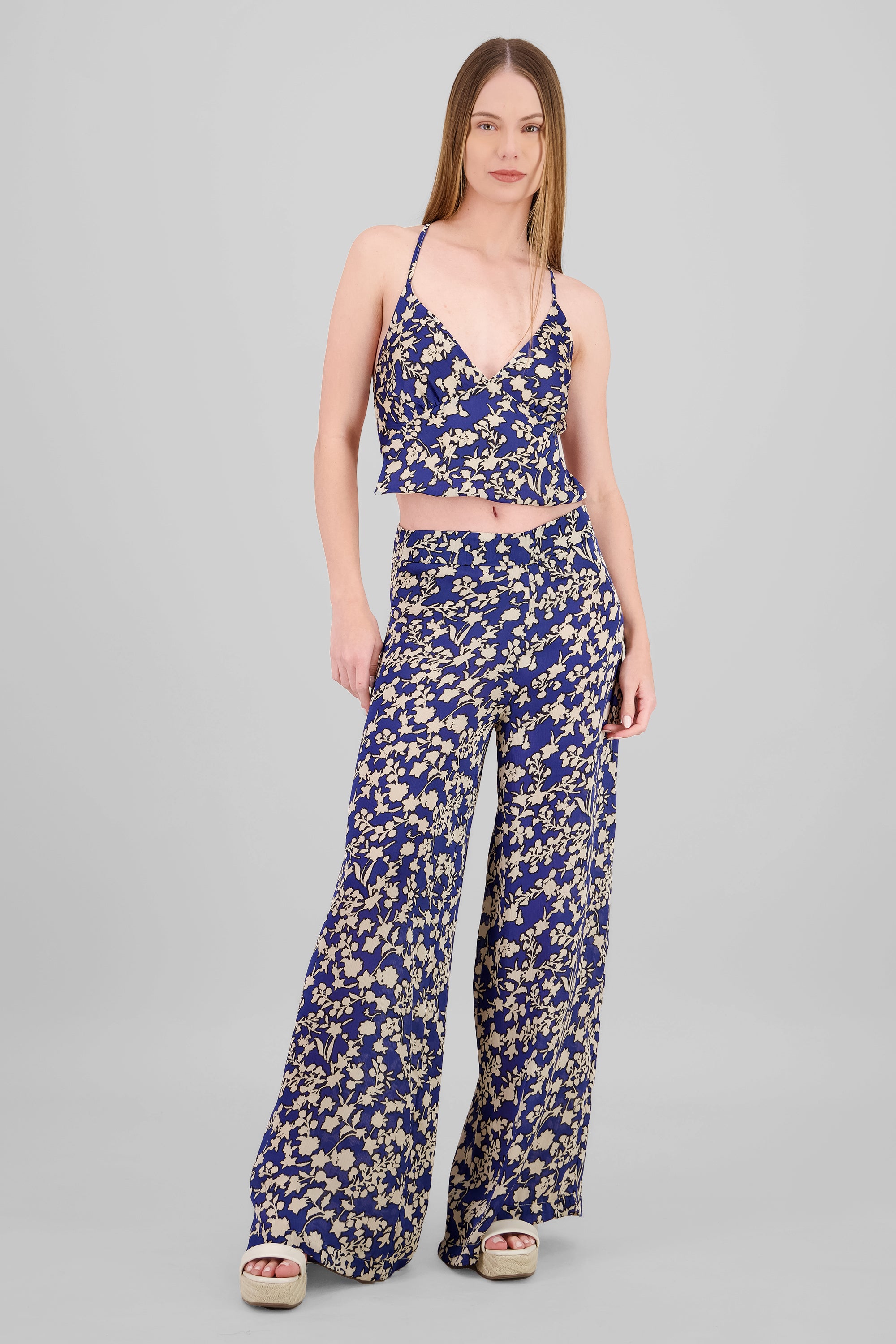 Wide Leg Floral Printed Pants BLUE COMBO