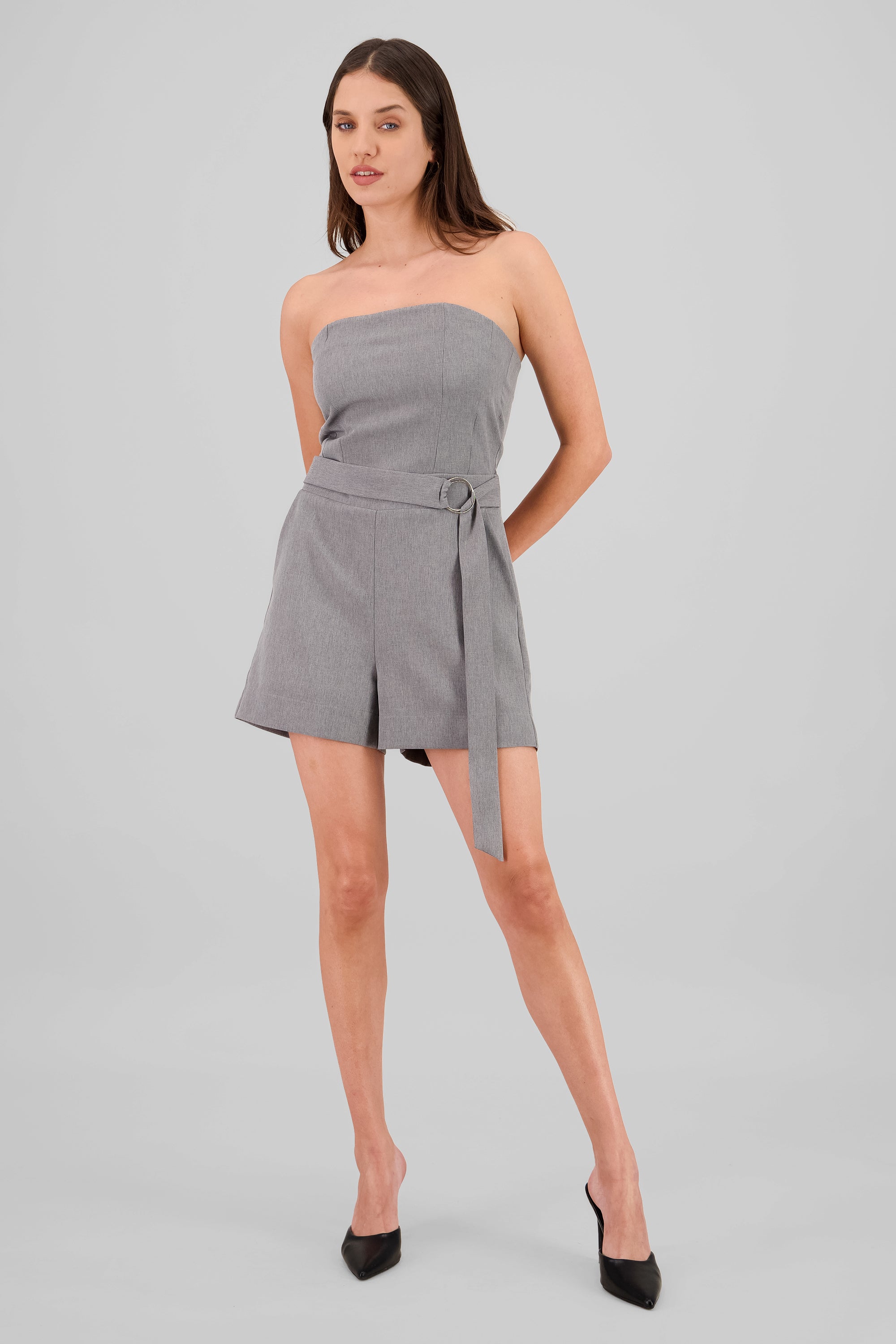 Belt Detail Strapless Romper GRAY