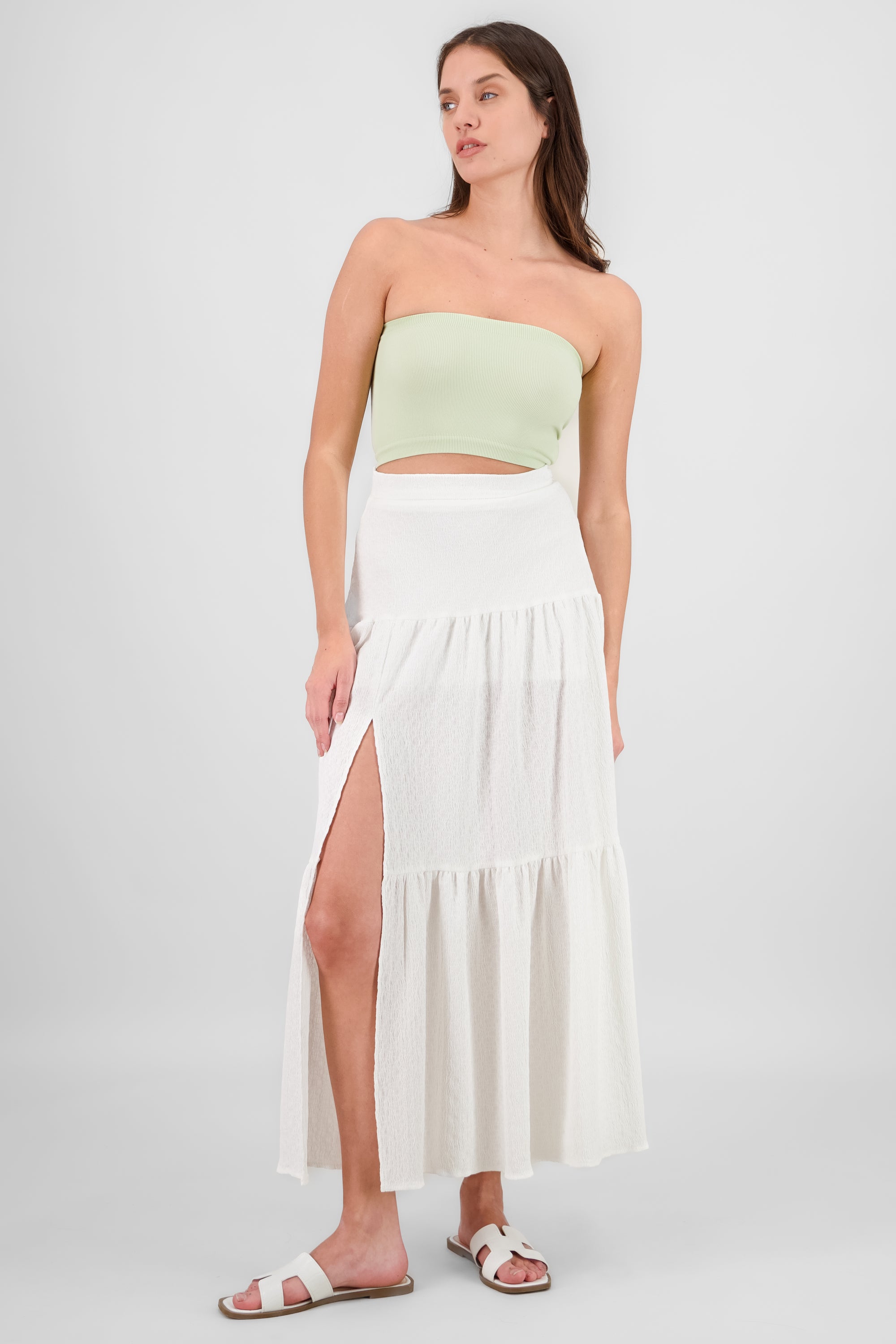 Slit and Ruffle Maxi Skirt WHITE