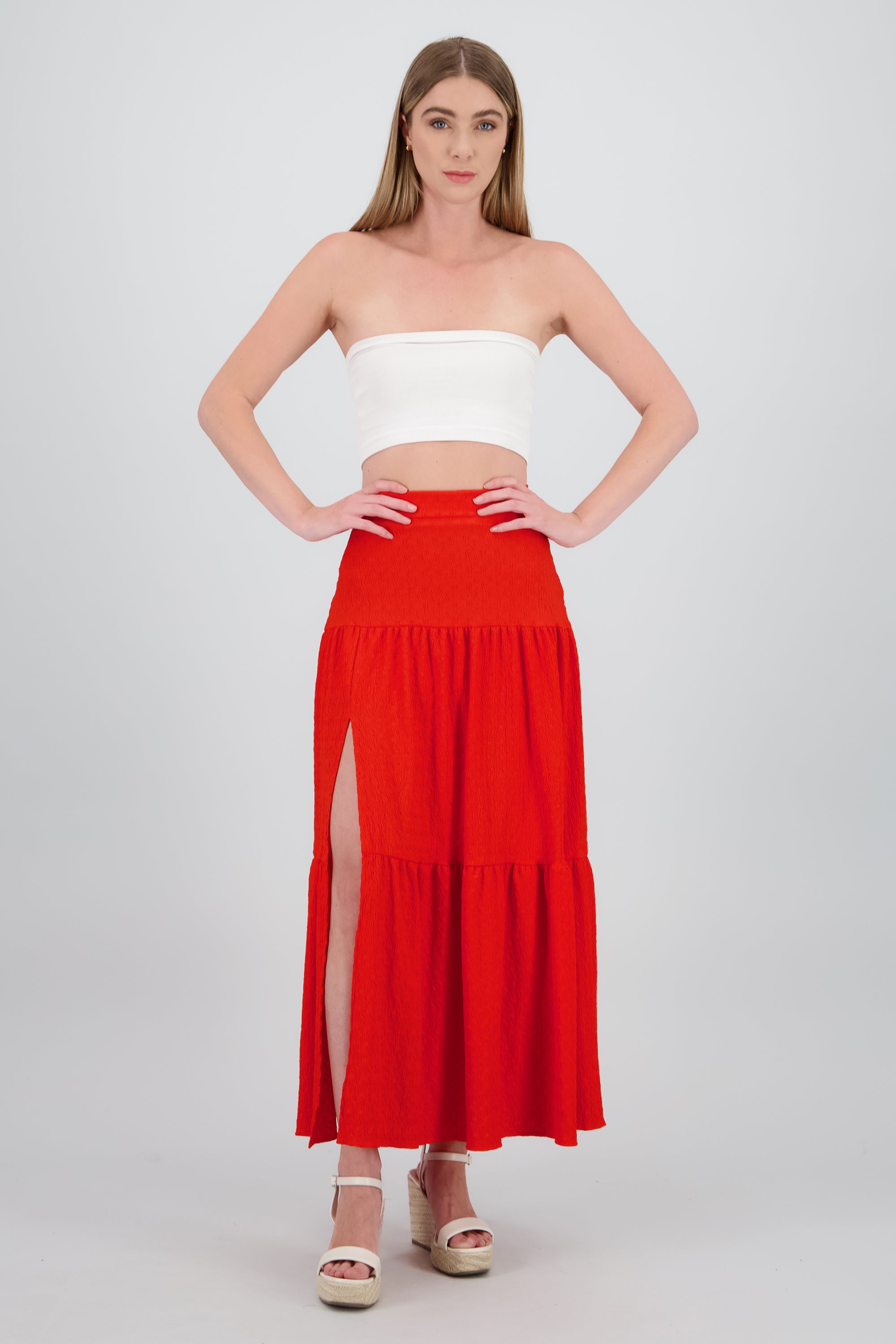 Slit and Ruffle Maxi Skirt TOMATO RED