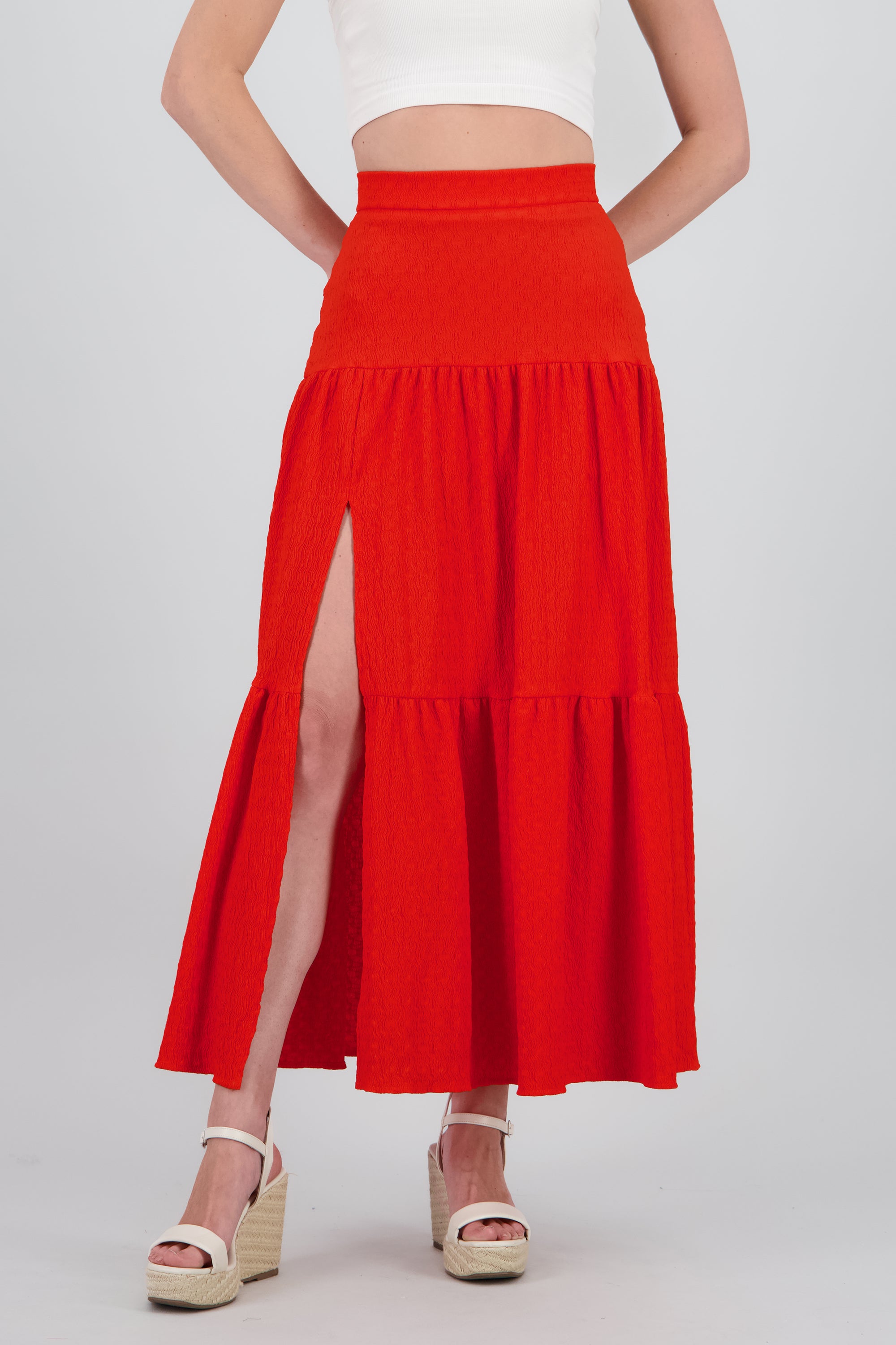 Slit and Ruffle Maxi Skirt TOMATO RED