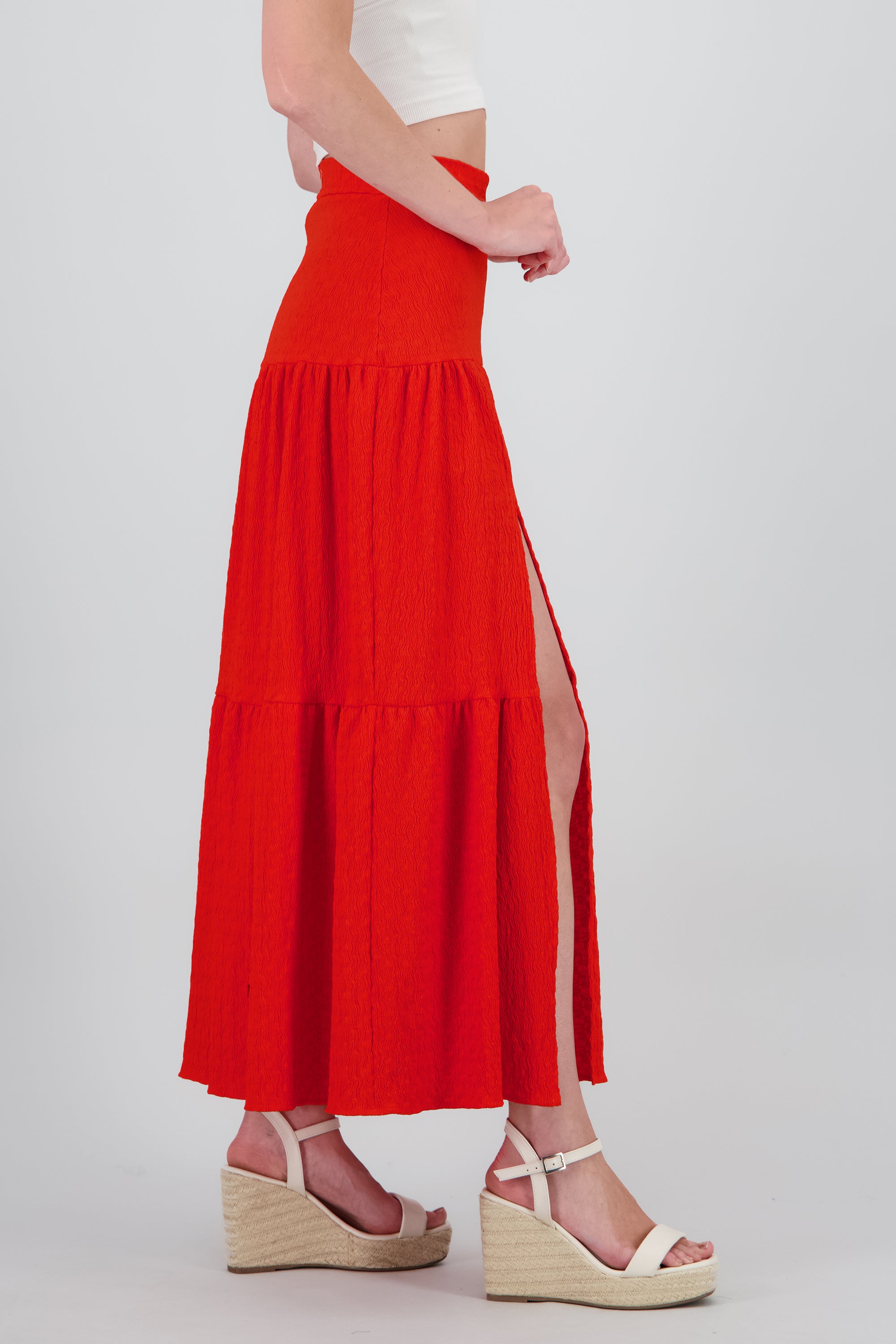 Slit and Ruffle Maxi Skirt TOMATO RED