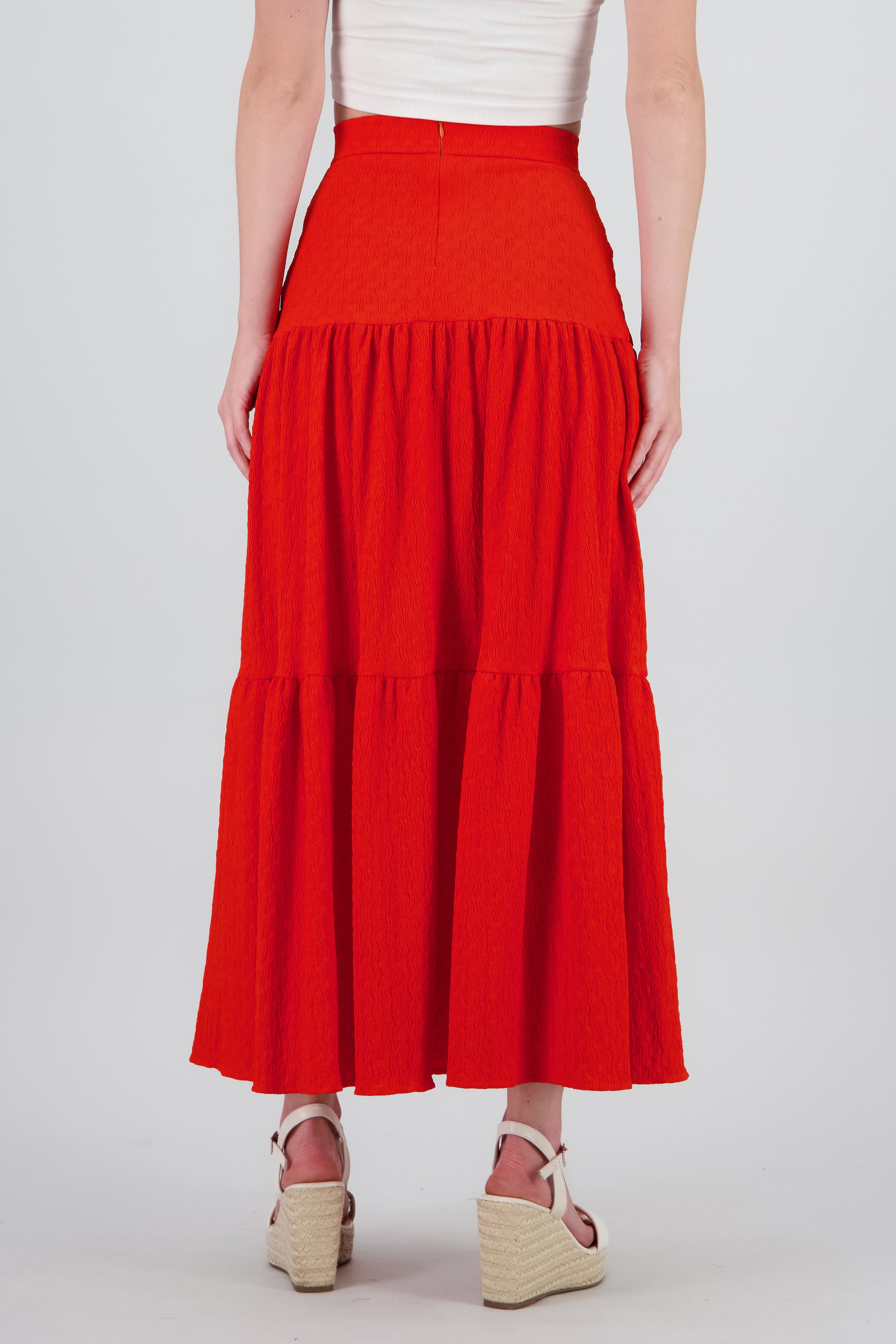 Slit and Ruffle Maxi Skirt TOMATO RED