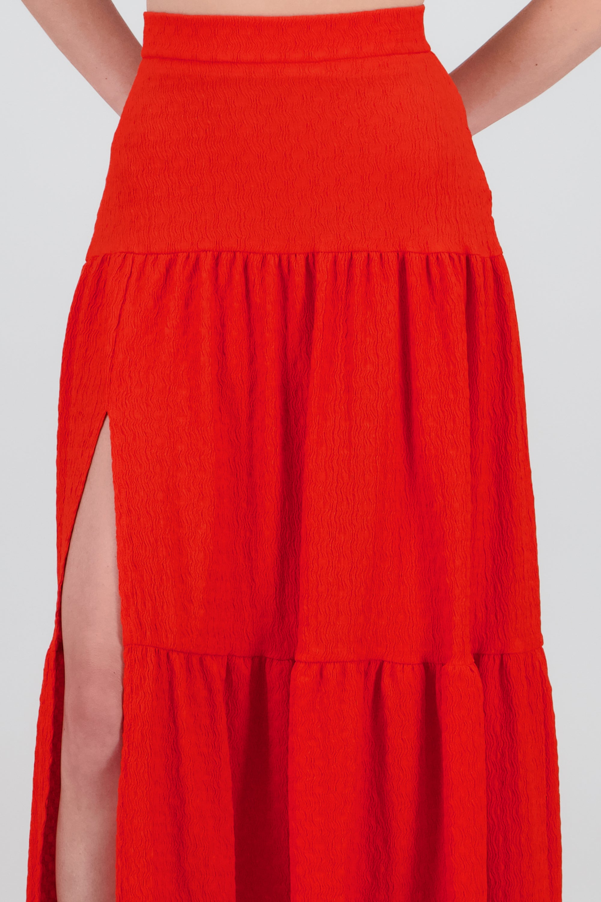 Slit and Ruffle Maxi Skirt TOMATO RED