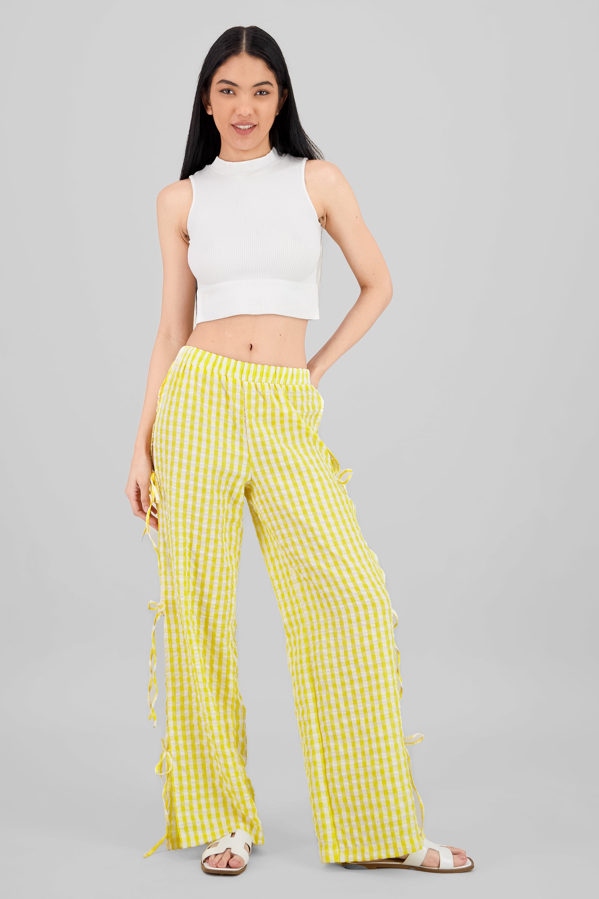 Side Bows Gingham Pants YELLOW