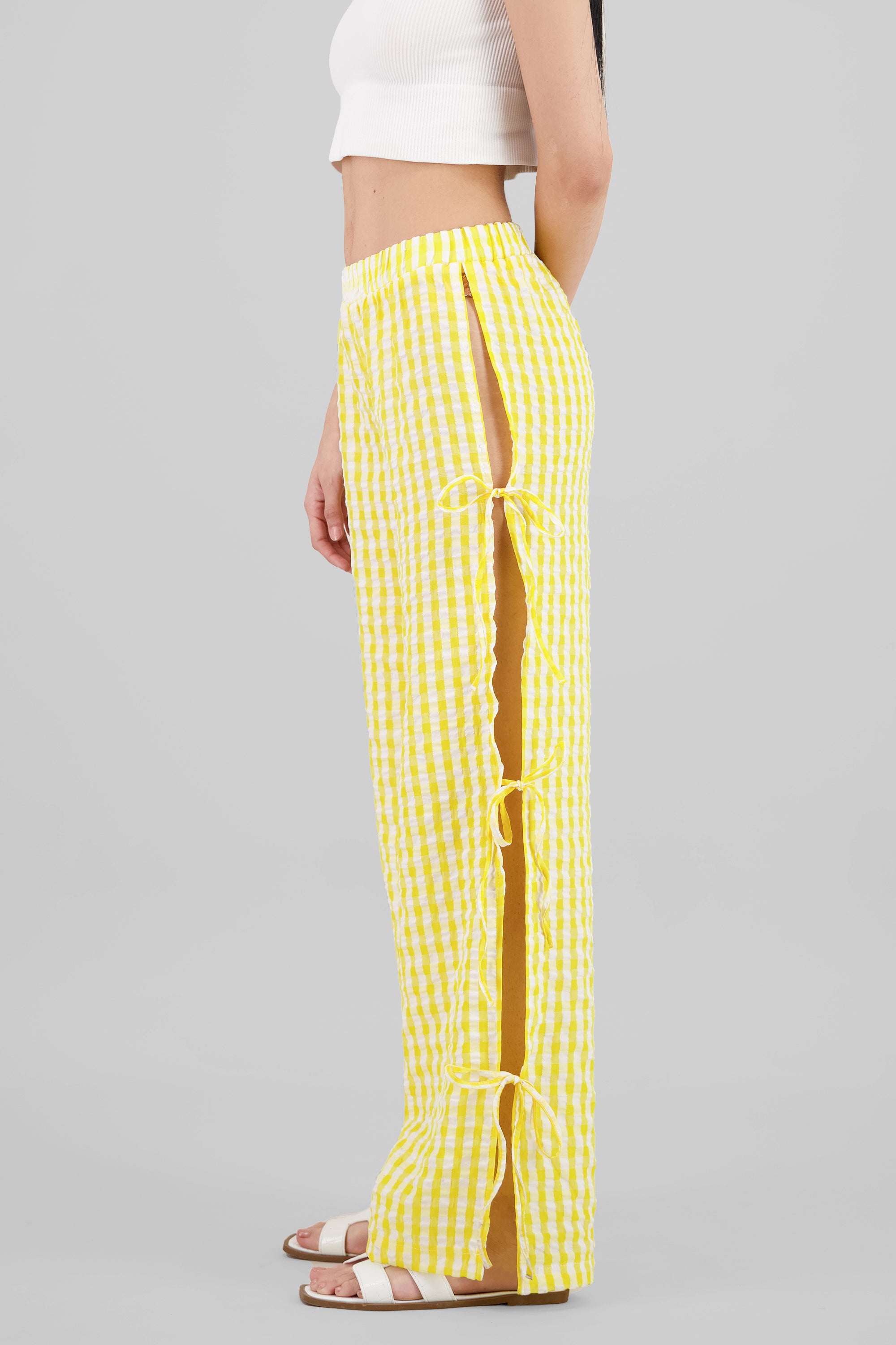 Side Bows Gingham Pants YELLOW