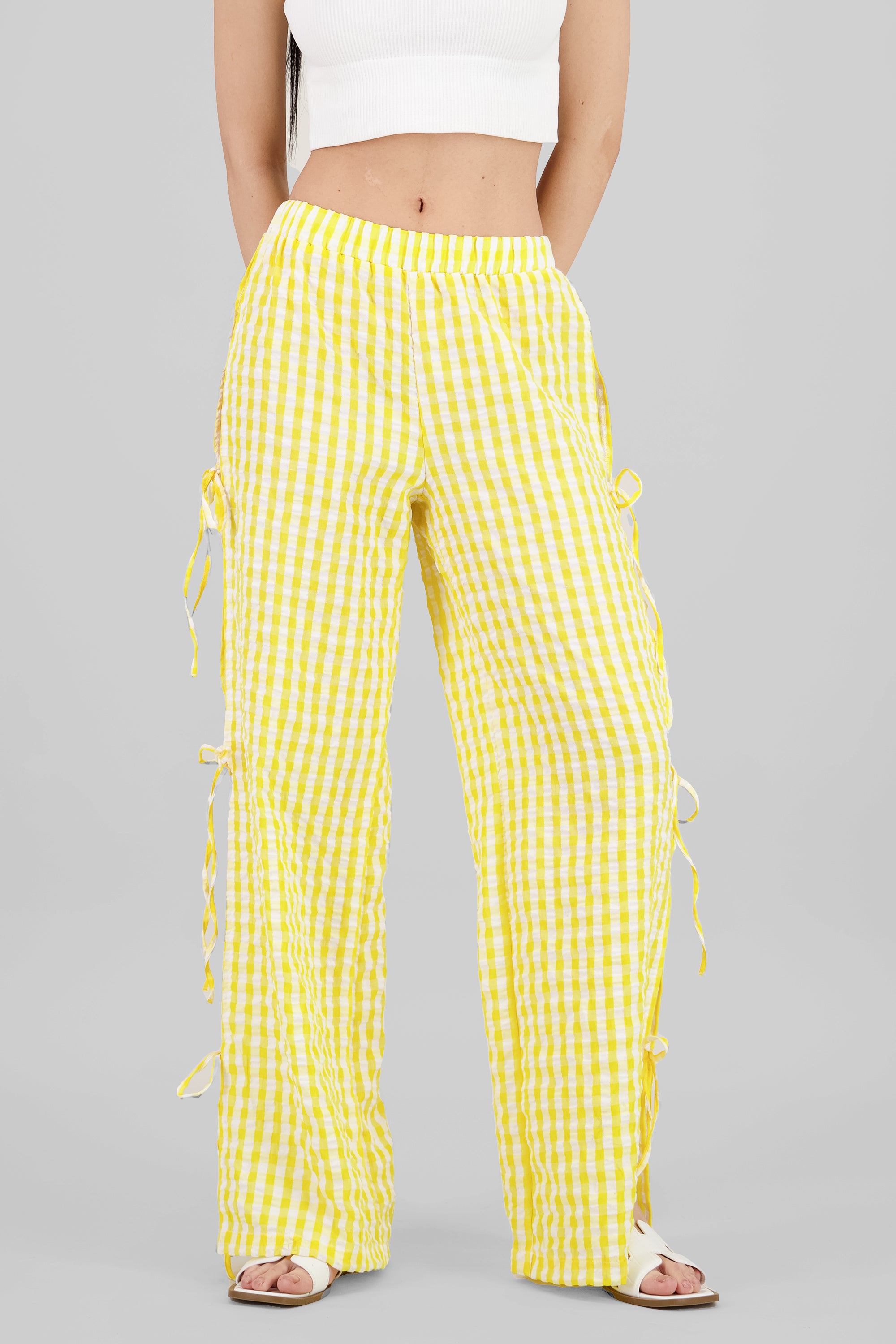 Side Bows Gingham Pants YELLOW