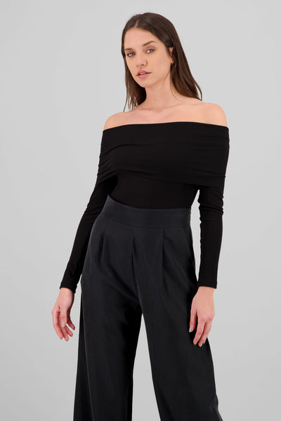 Off Shoulder Ribbed Long Sleeve Bodysuit BLACK