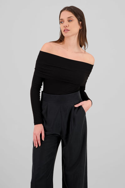 Off Shoulder Ribbed Long Sleeve Bodysuit BLACK