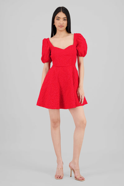 Puffed Sleeve Sweetheart Neckline Mini Dress RED