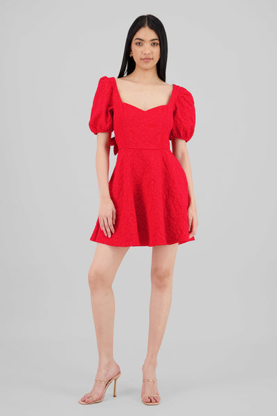 Puffed Sleeve Sweetheart Neckline Mini Dress RED