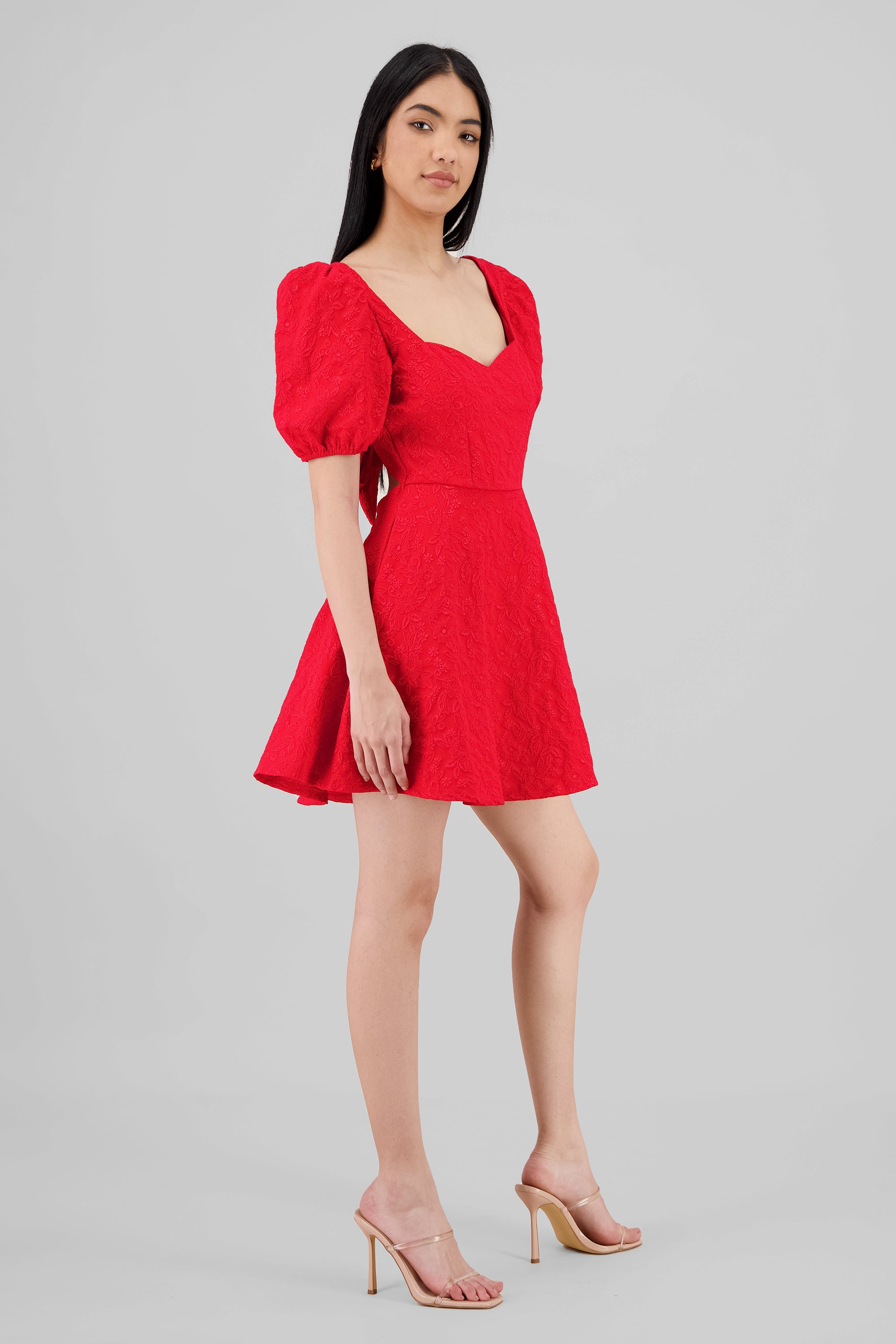 Puffed Sleeve Sweetheart Neckline Mini Dress RED