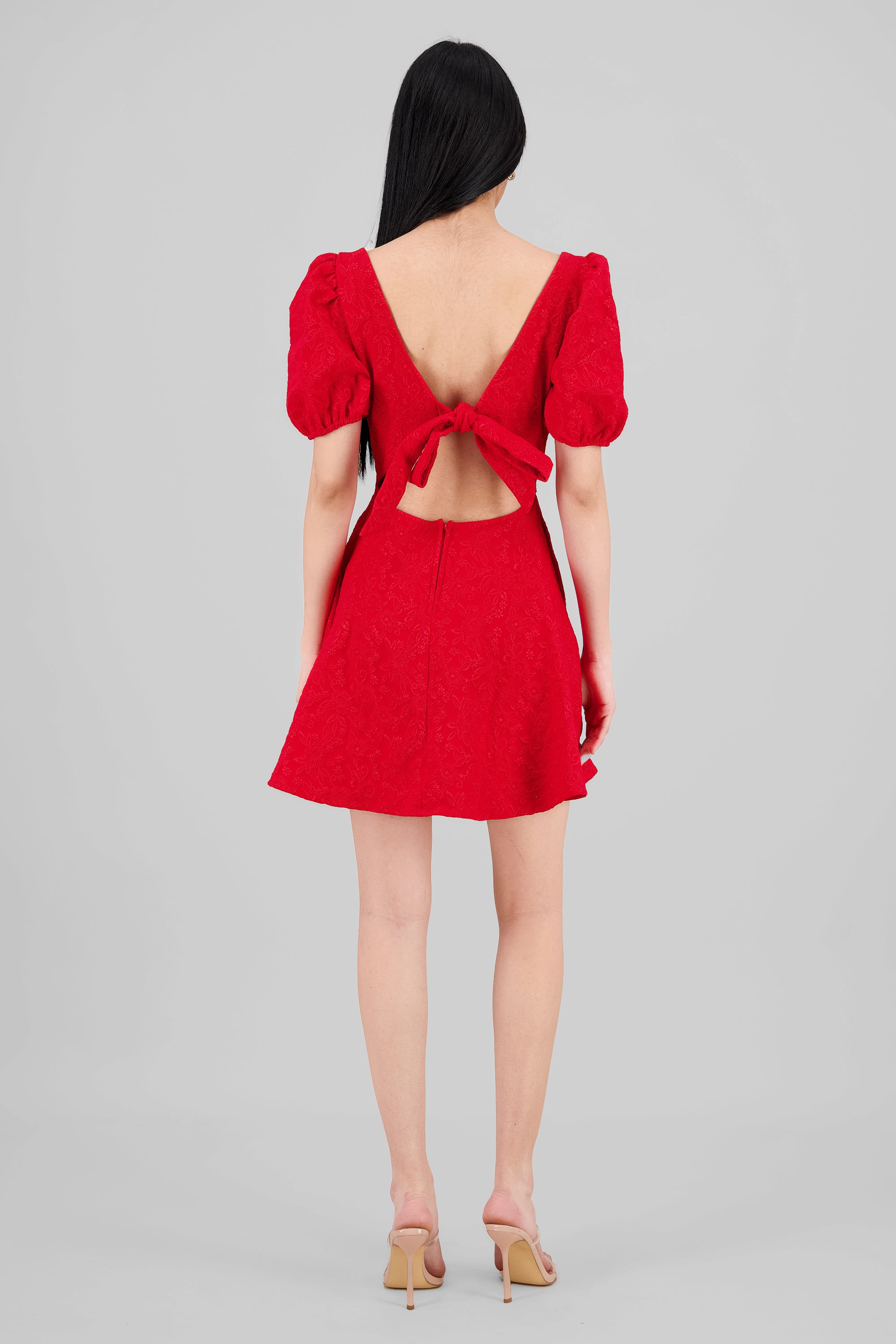 Puffed Sleeve Sweetheart Neckline Mini Dress RED