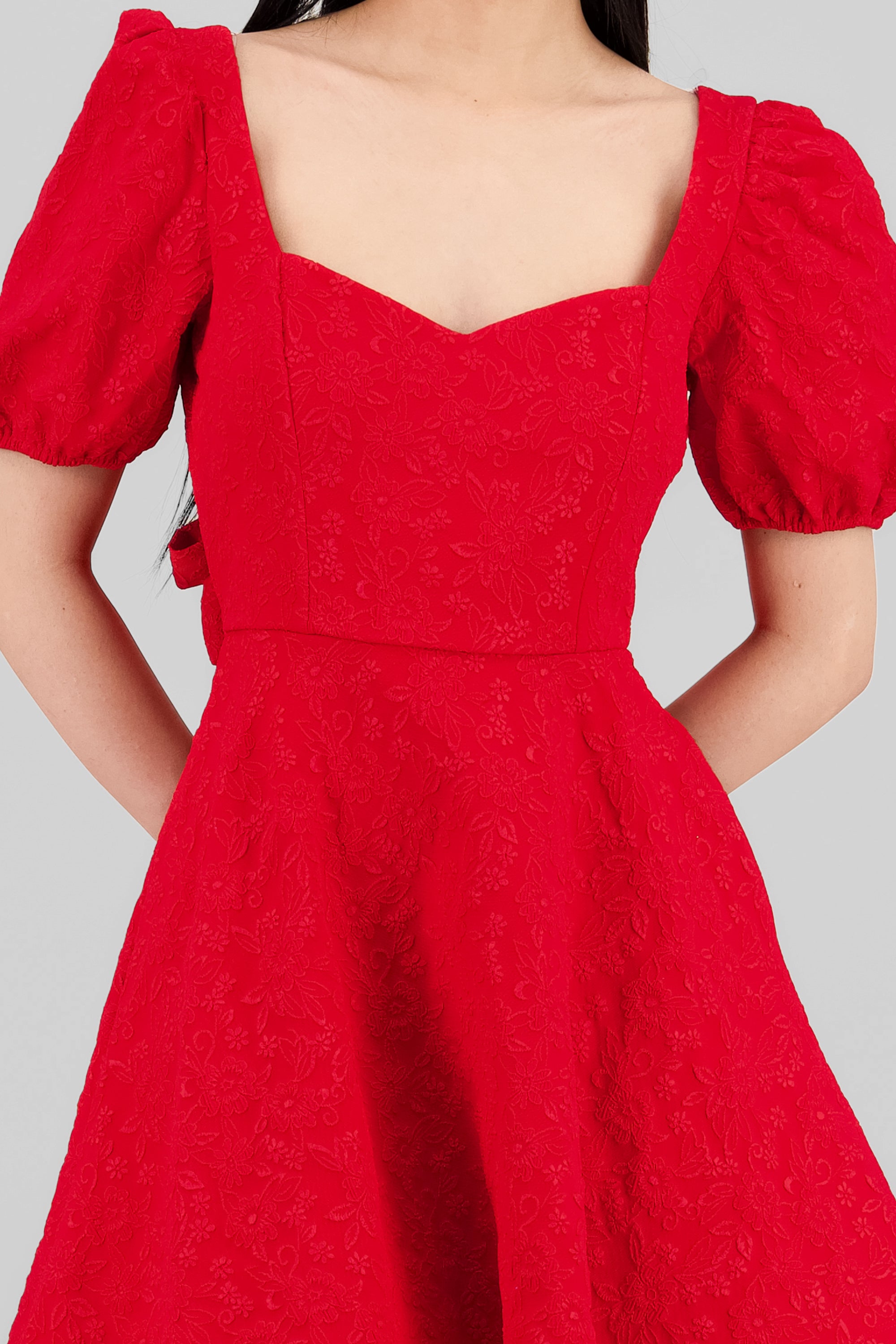 Puffed Sleeve Sweetheart Neckline Mini Dress RED