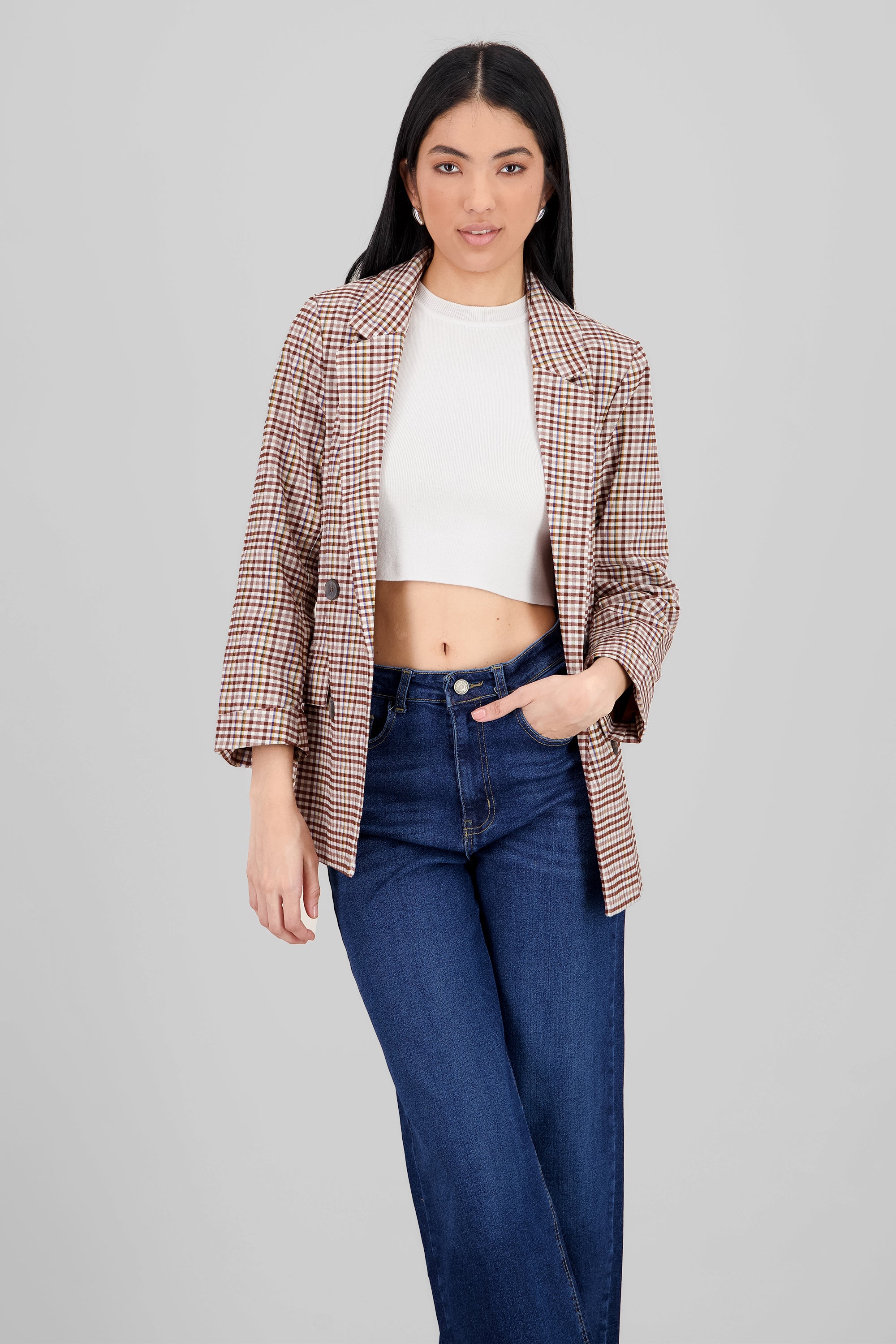 Oversized Plaid Blazer BROWN COMBO