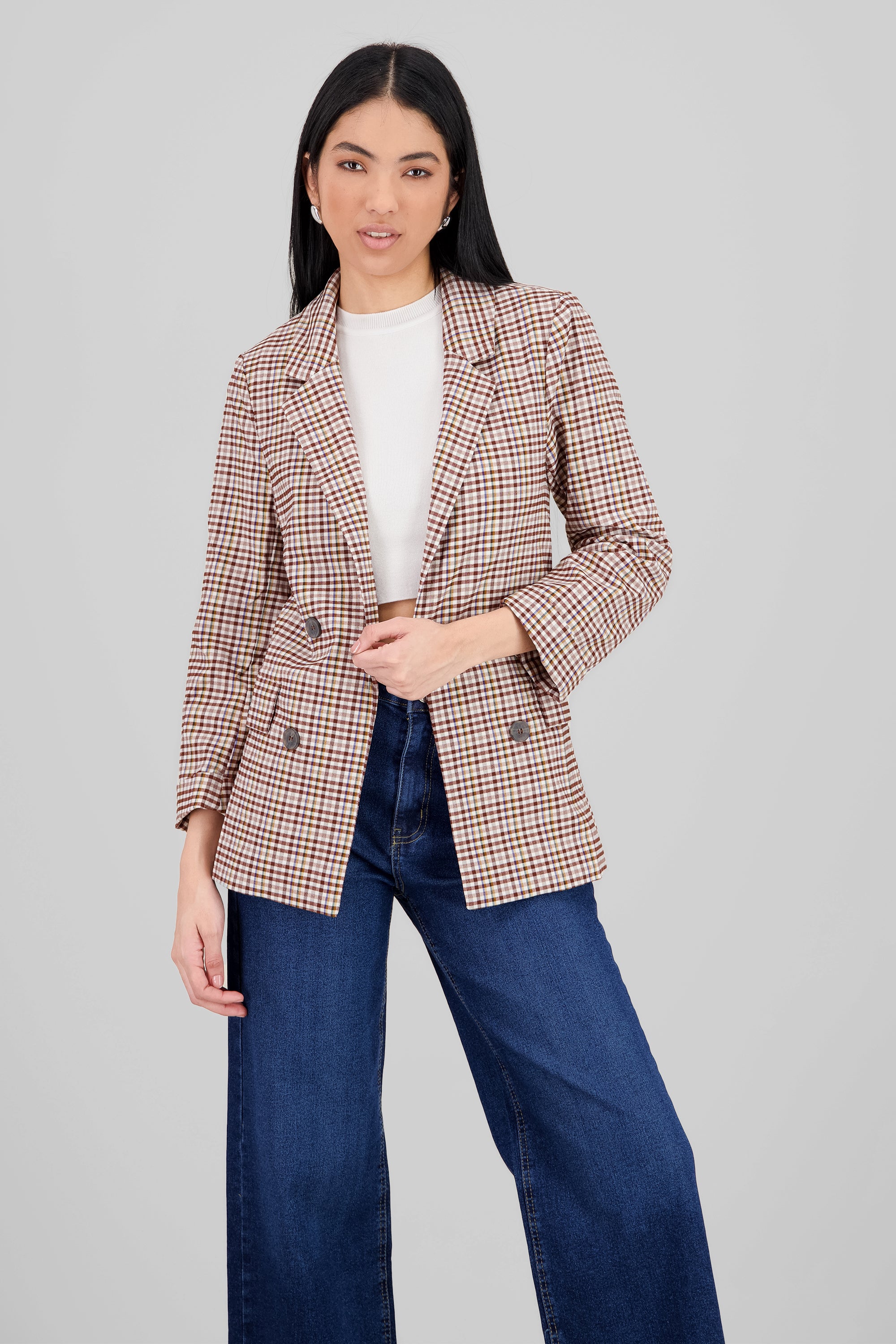 Oversized Plaid Blazer BROWN COMBO