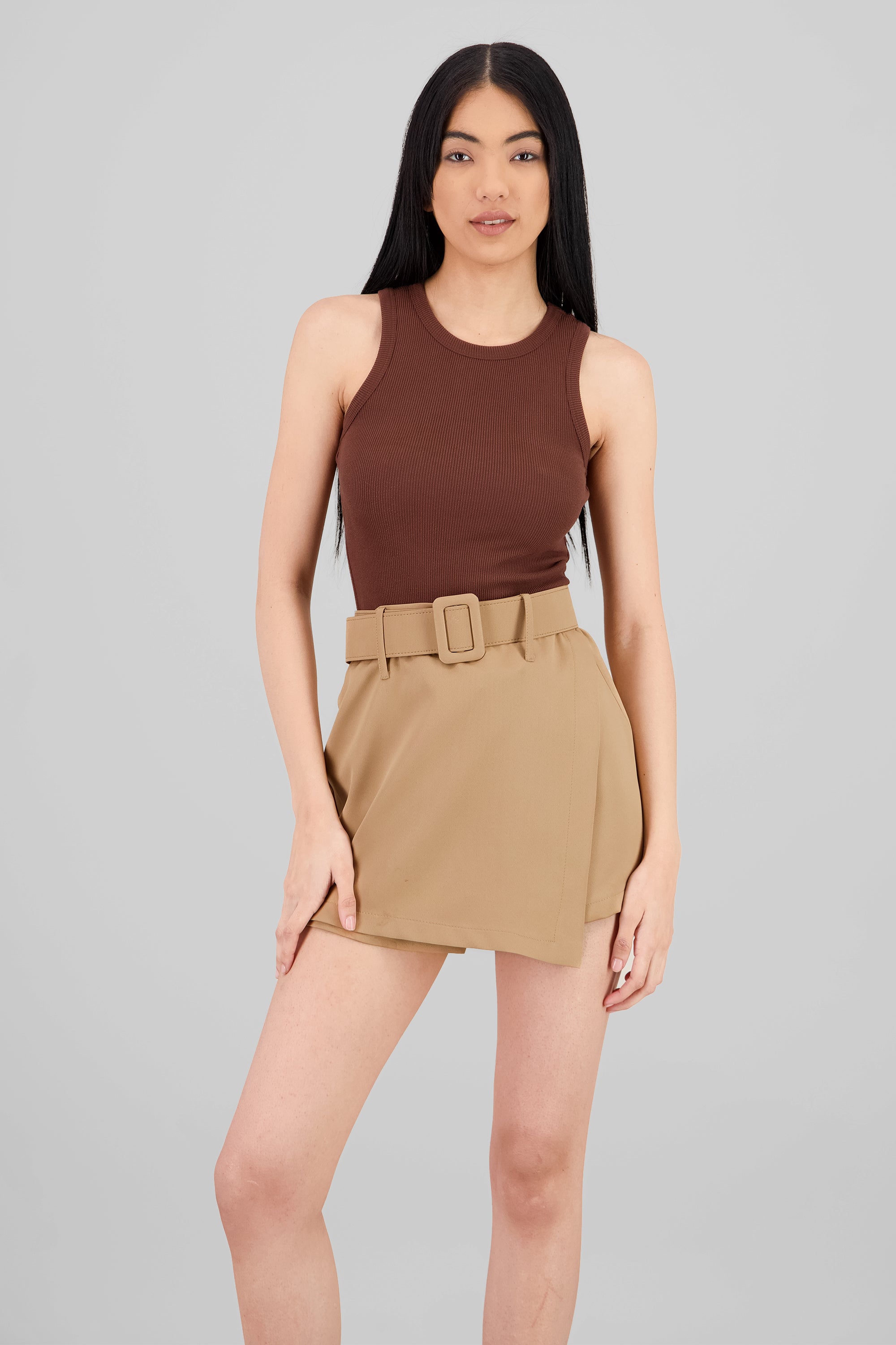 Sleeveless Ribbed Crew Neck Top BROWN