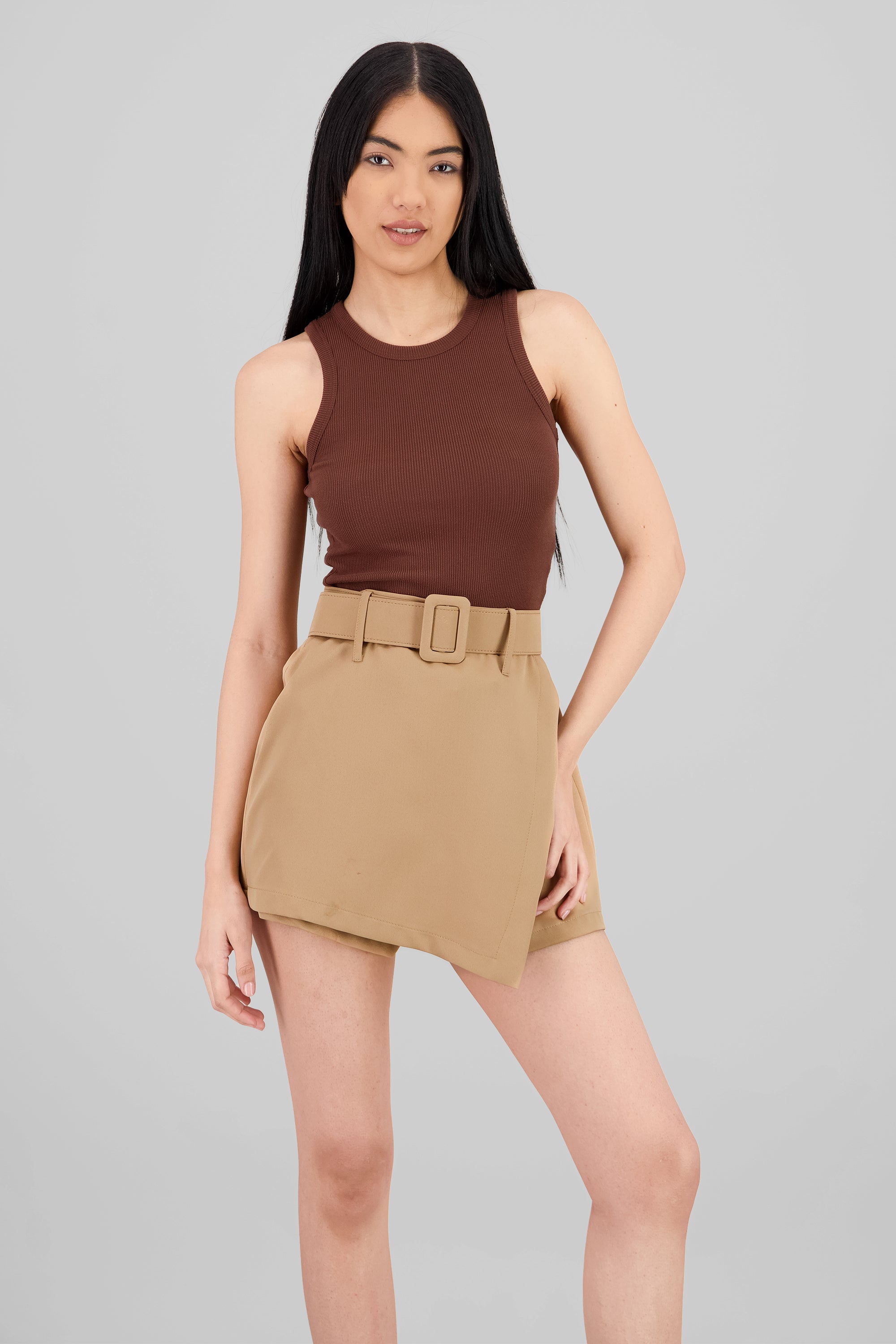 Sleeveless Ribbed Crew Neck Top BROWN