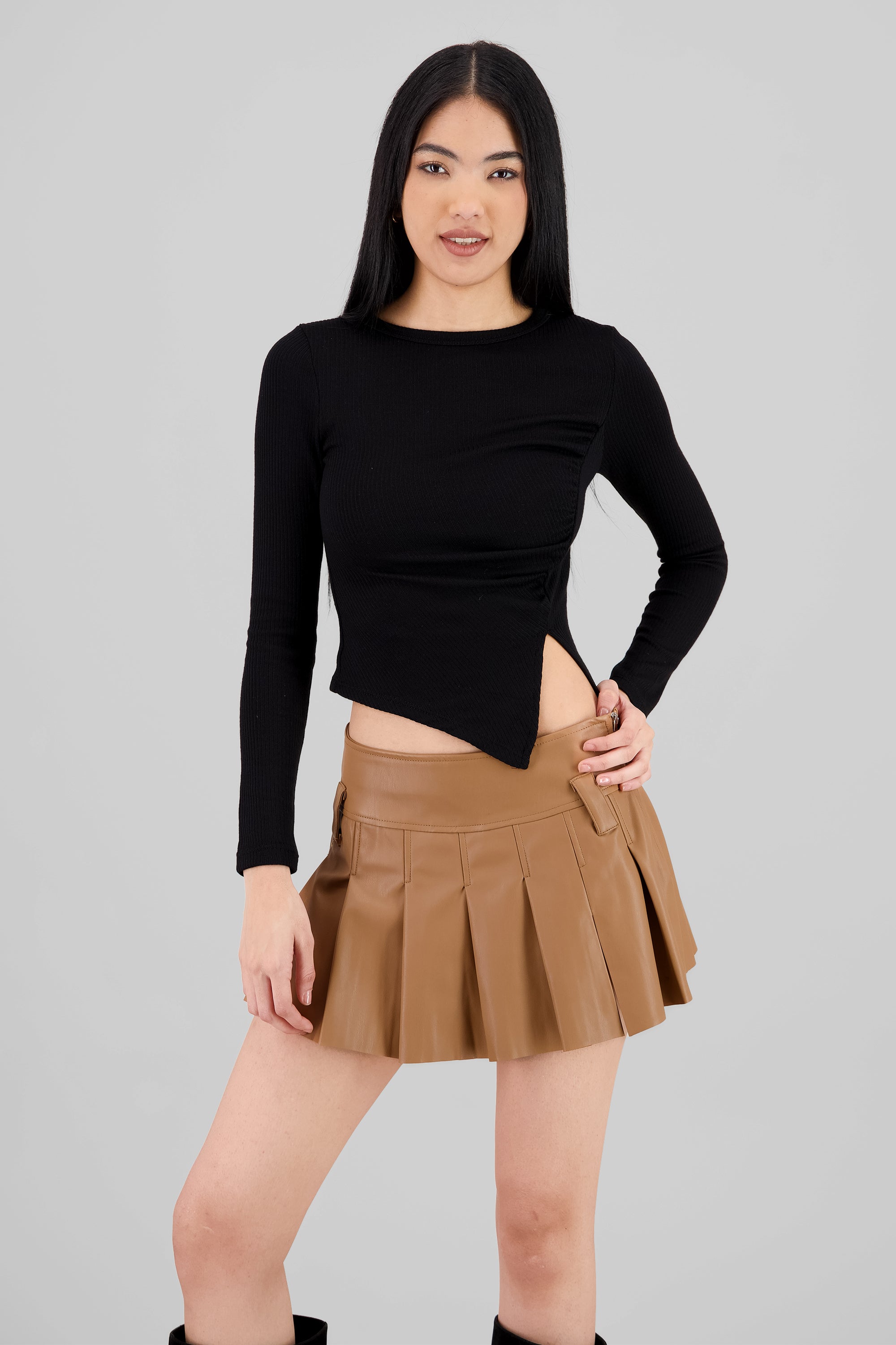 Ruched Long Sleeve Top BLACK