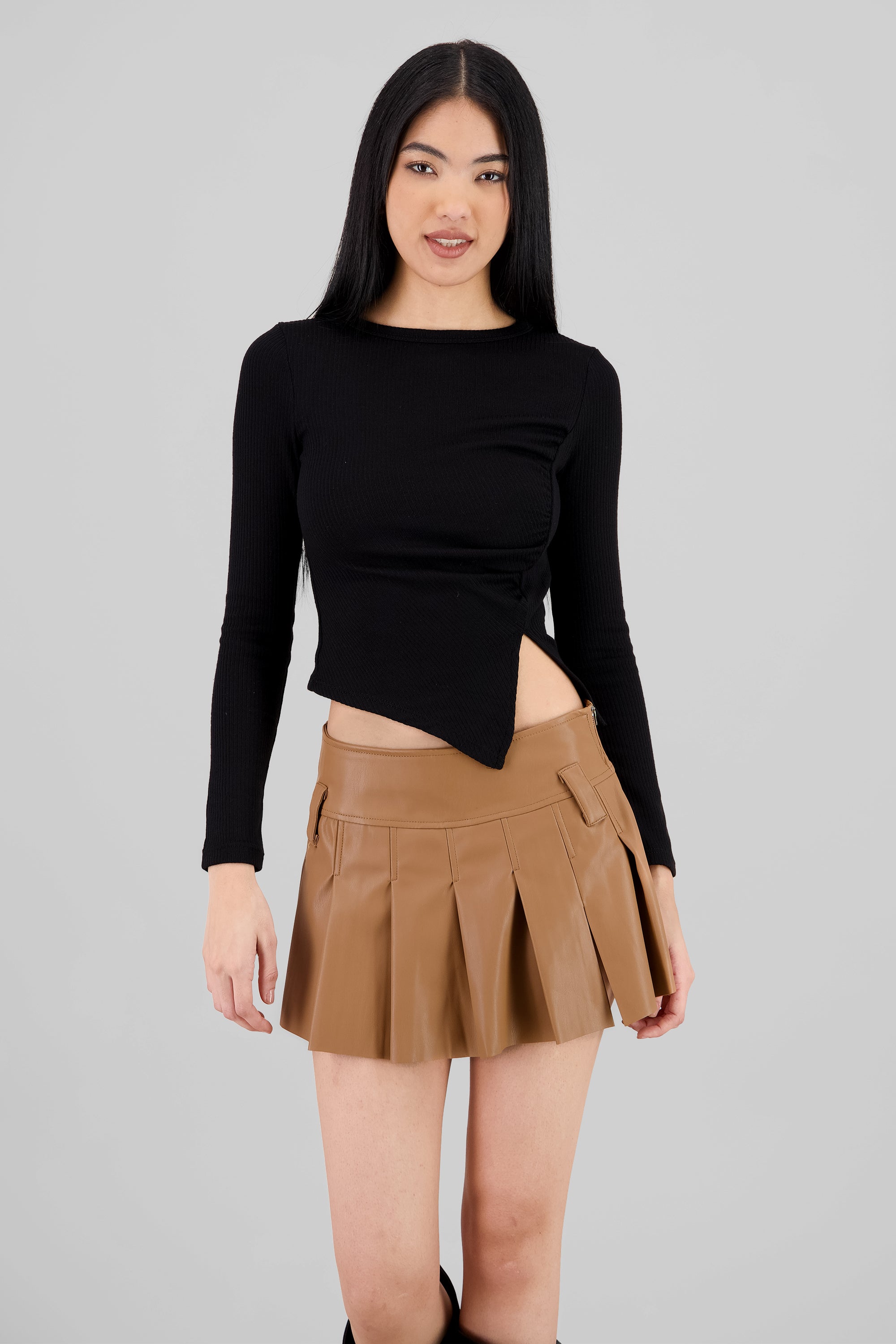 Ruched Long Sleeve Top BLACK