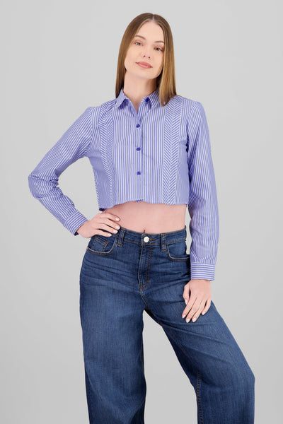 Long Sleeve Striped Crop Shirt BLUE COMBO