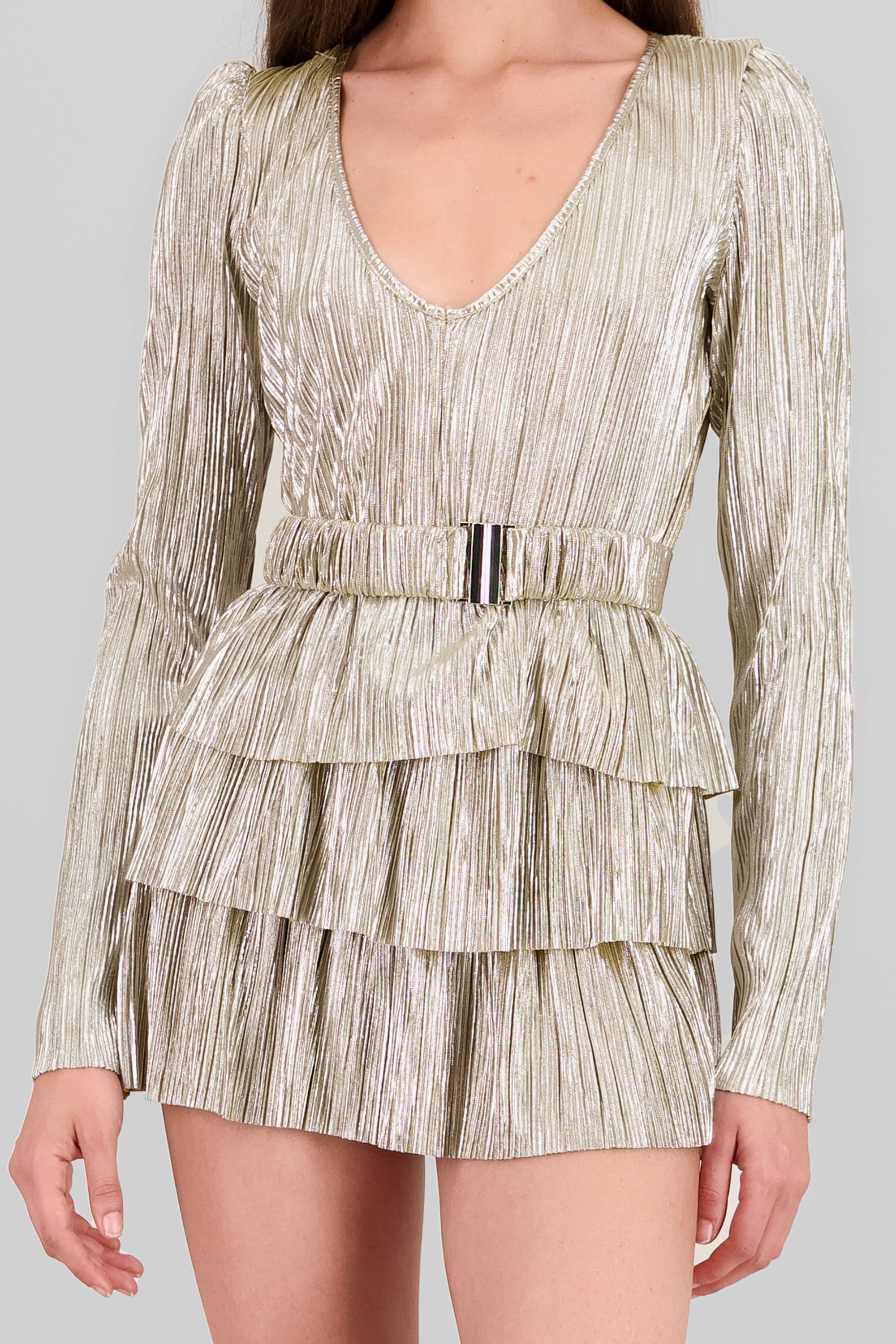 Ruffles and Belt Pleated Dress GOLD/SILVER