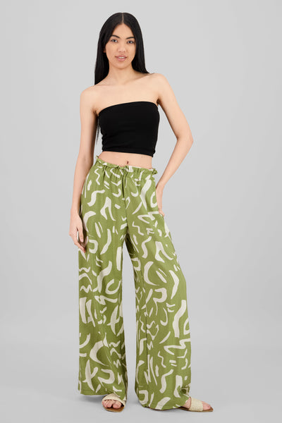 Print Detail Wide Leg Pants GREEN COMBO