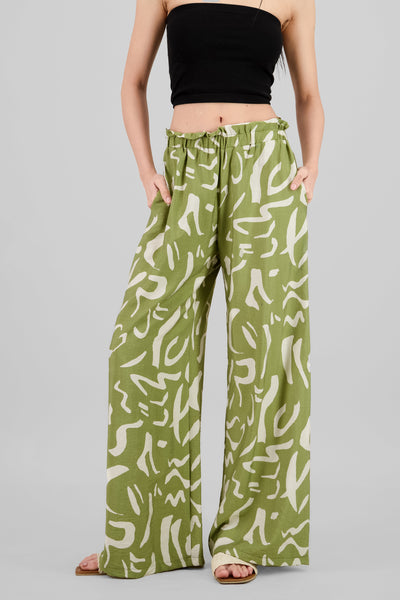 Print Detail Wide Leg Pants GREEN COMBO