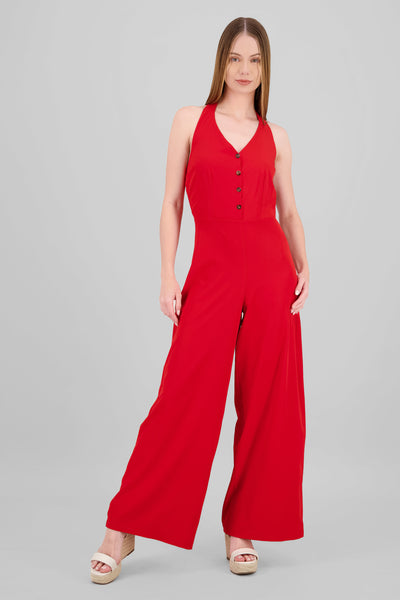 Button Details Halter Jumpsuit RED