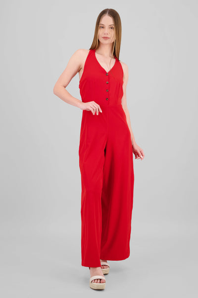 Button Details Halter Jumpsuit RED